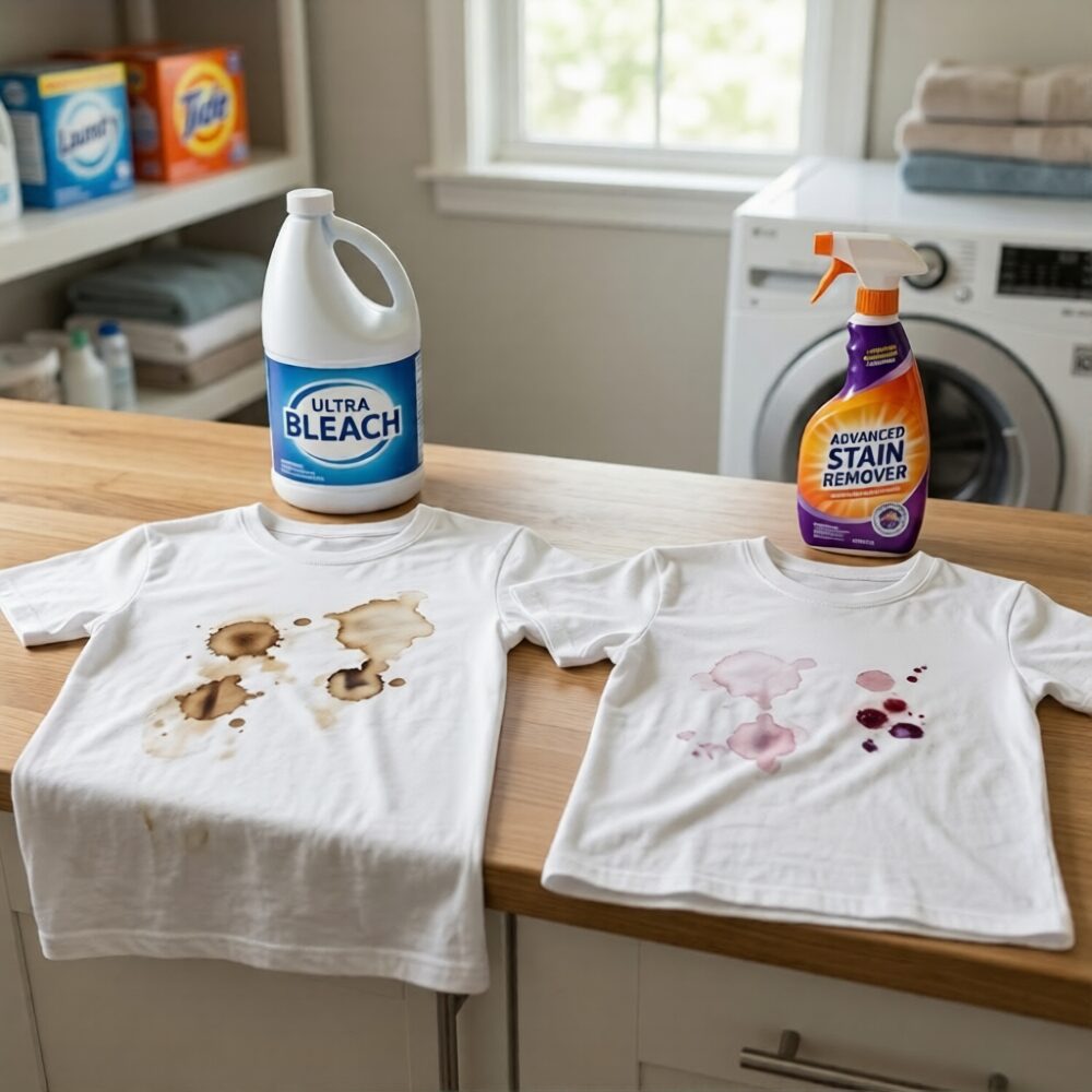 Bottle of bleach beside white school uniforms in a Nigerian home.