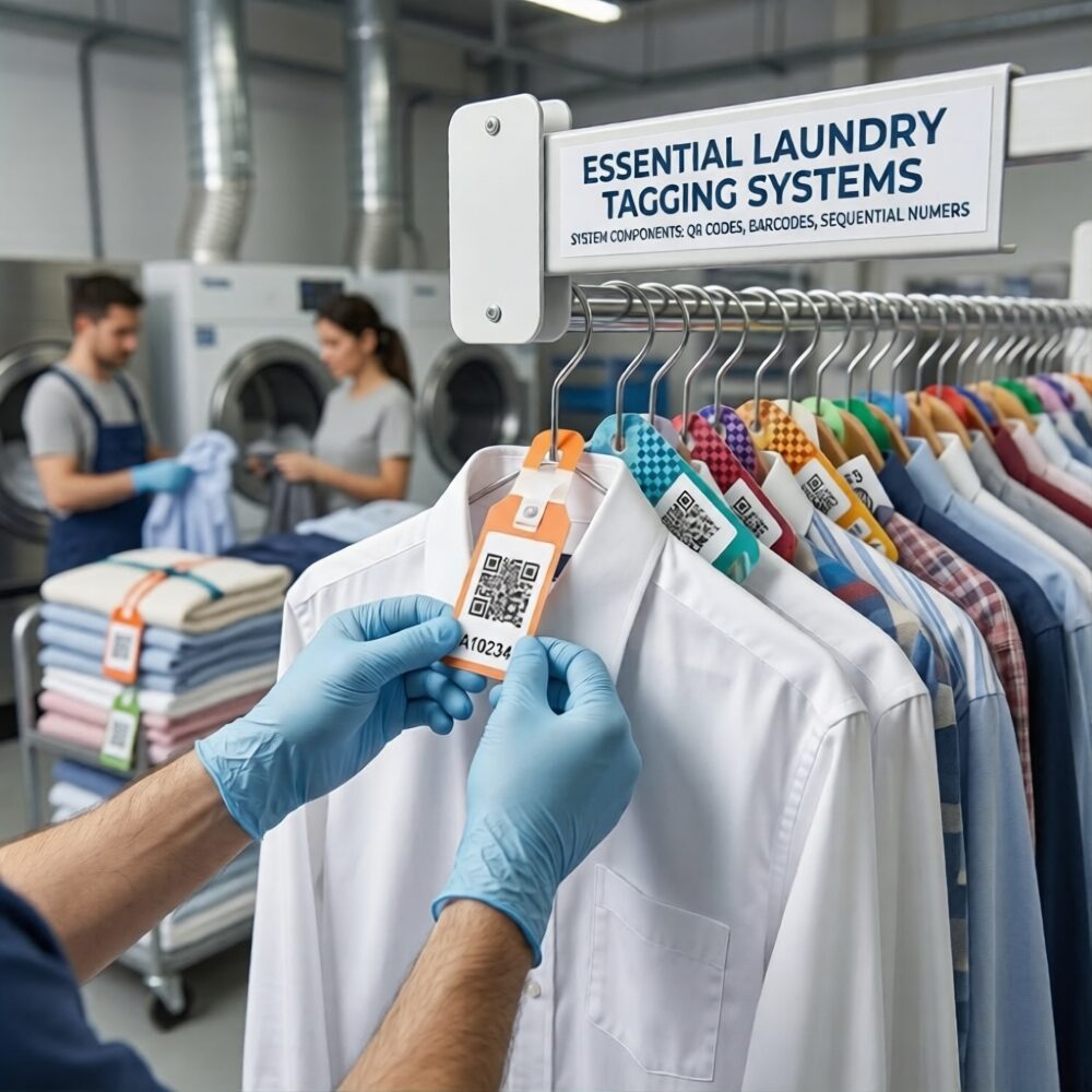 Paper laundry tags attached to clothes in a Nigerian dry cleaner.