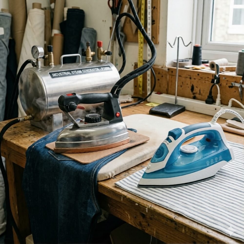 Industrial Pressing Irons vs Regular Irons: What’s the Difference? Industrial pressing iron used in a Nigerian tailoring shop