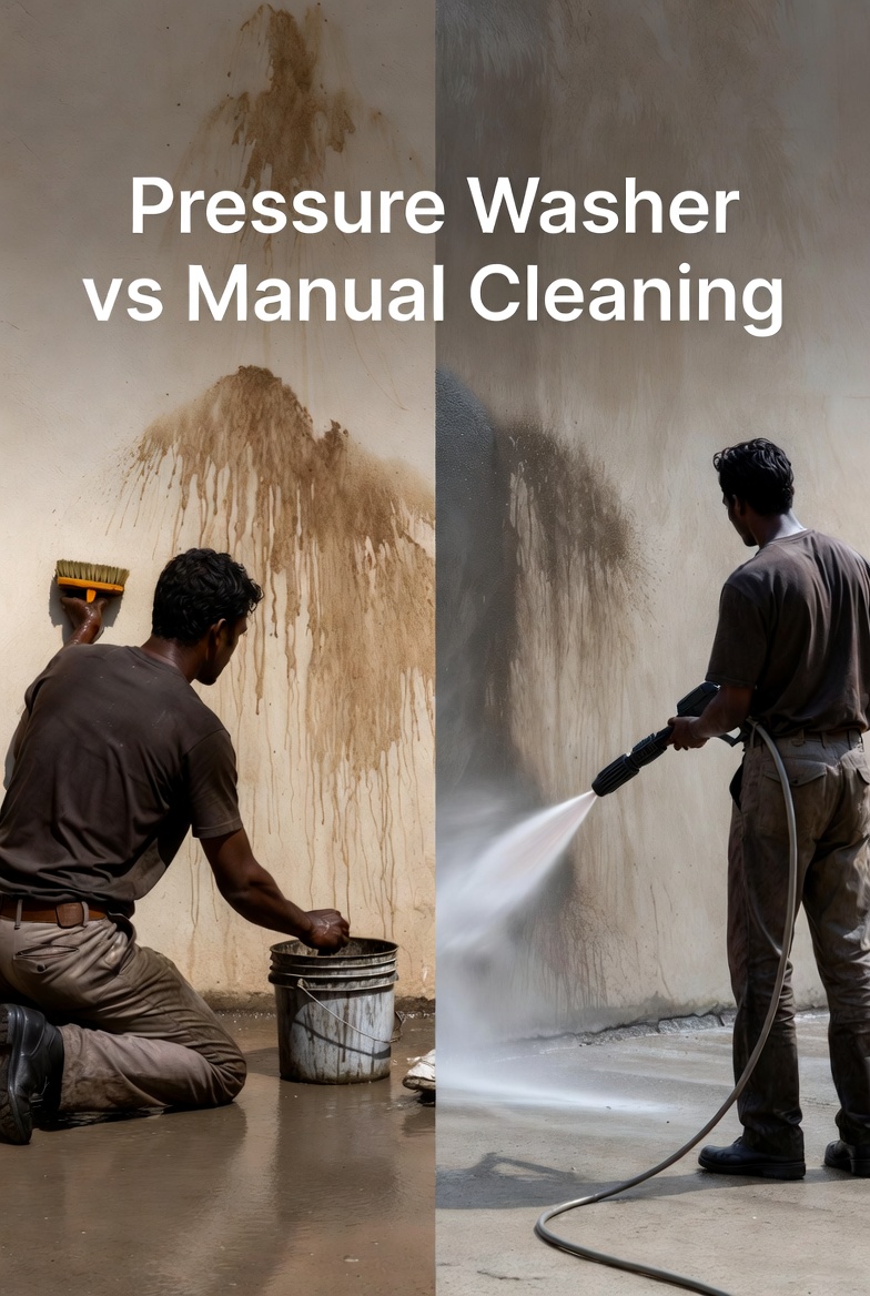Pressure Washer vs Manual Cleaning: Which Saves More Time and Money? Pressure washer vs manual cleaning comparison showing traditional scrubbing and high pressure washing for cleaning surfaces in a home environment, Lagos Nigeria