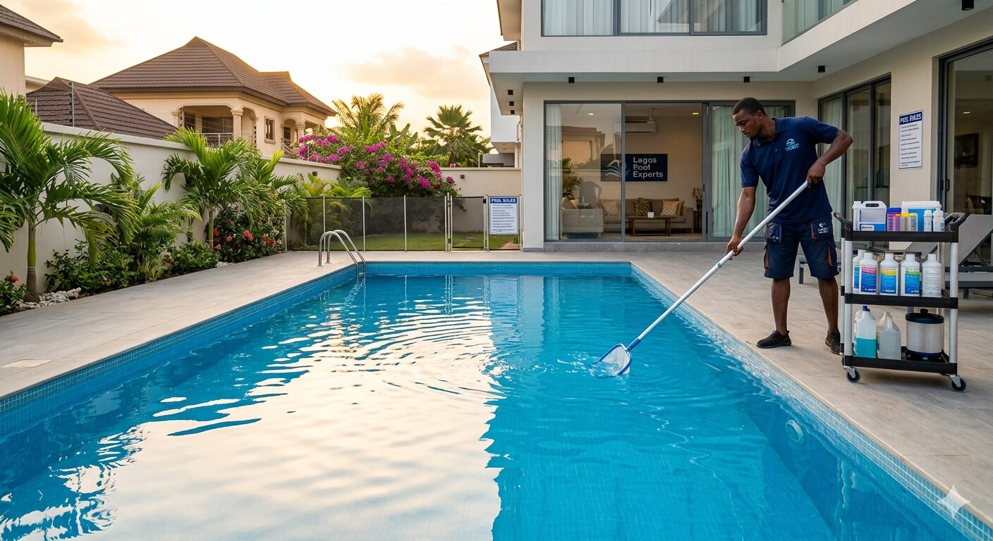 Top Signs You Need Professional Swimming Pool Service in Lagos Professional Swimming pool service in Lagos cleaning a residential pool