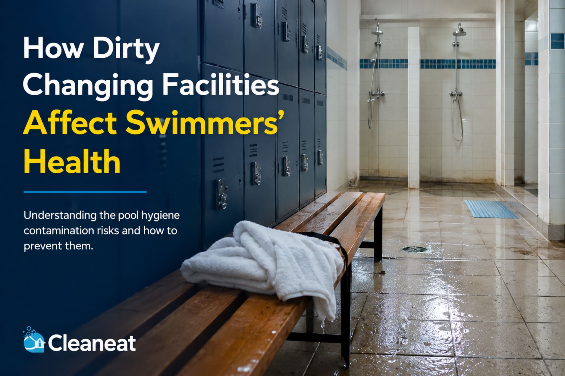 How Dirty Changing Facilities Affect Swimmers’ Health Dirty swimming pool changing room with wet floors and lockers
