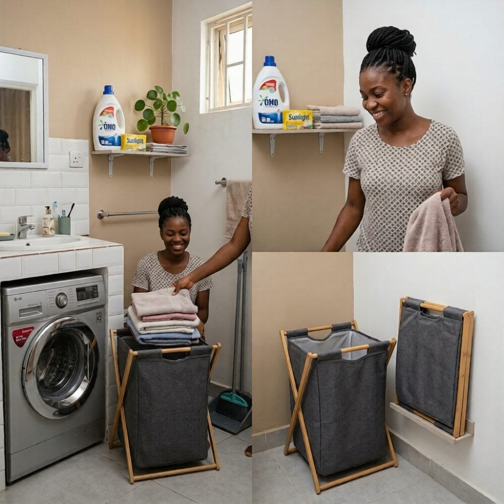 Foldable laundry basket placed next to washing machine in small Lagos apartment bedroom