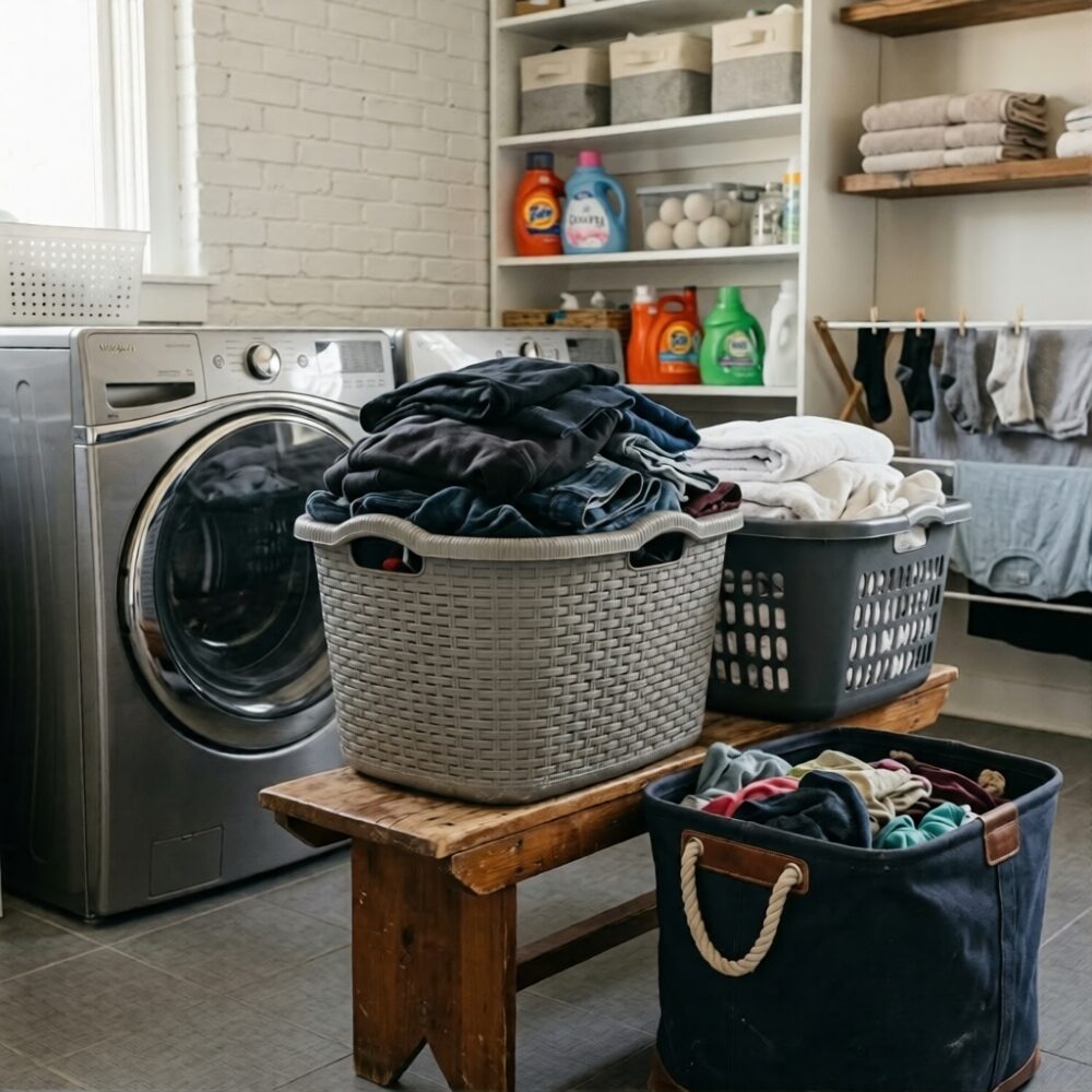 Large plastic laundry basket filled with clothes in a Nigerian home.