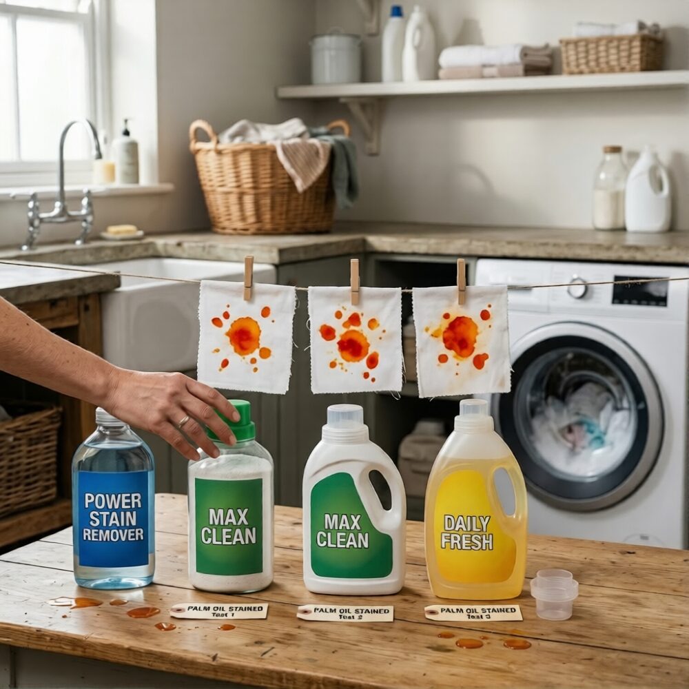Which Detergent Removes Palm Oil Stains Fastest? Palm oil stain on white cotton shirt before washing.