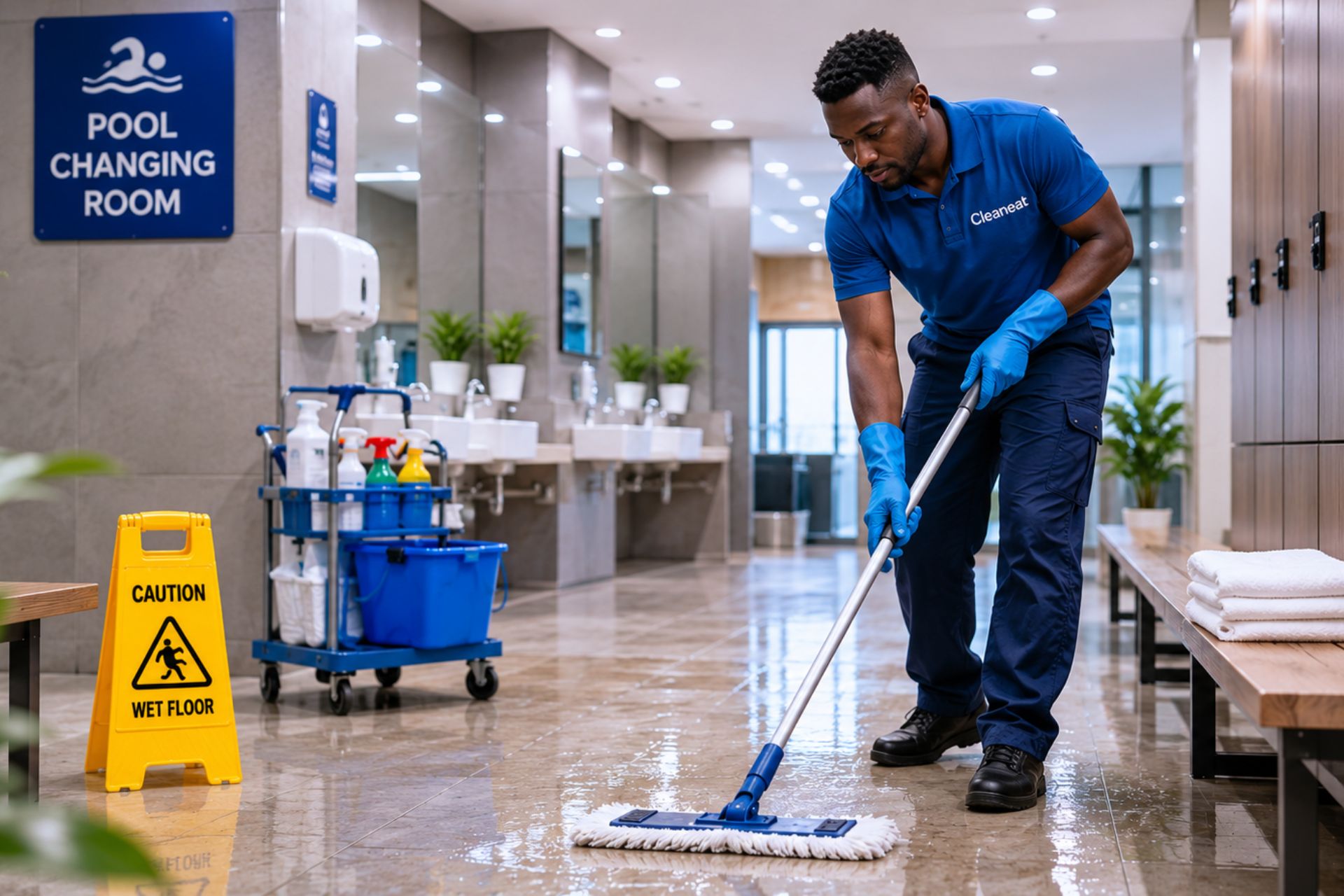 Top Signs Your Pool Changing Facility Needs Professional Cleaning Professional pool facility cleaning service in action