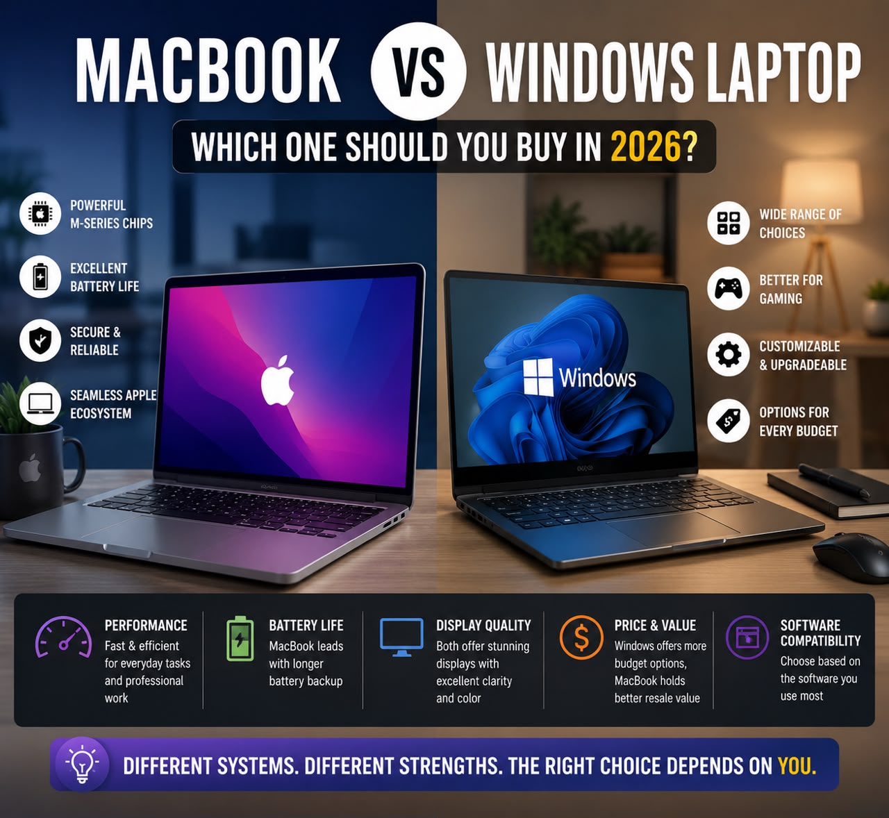 MacBook and Windows laptop side by side comparing design, performance, and value in 2026.