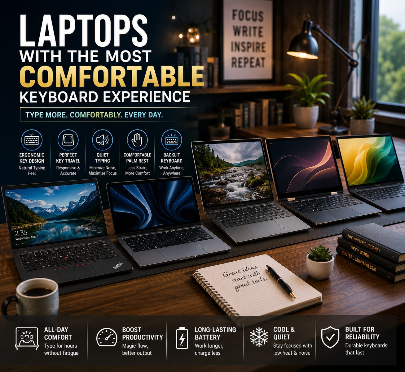 Premium laptops with comfortable keyboards displayed on a modern realistic productivity workspace designed for long typing sessions.