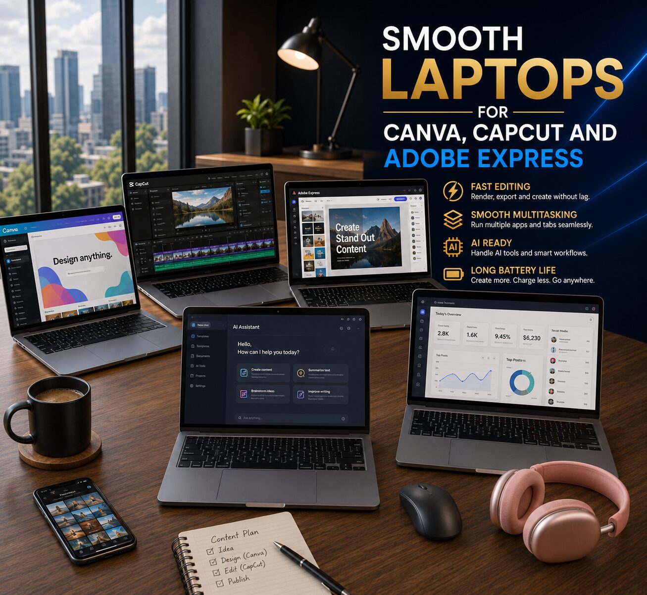 Smooth Laptops for Canva, CapCut and Adobe Express Premium laptop running Canva, CapCut and Adobe Express smoothly on a modern creative workspace with productivity tools.