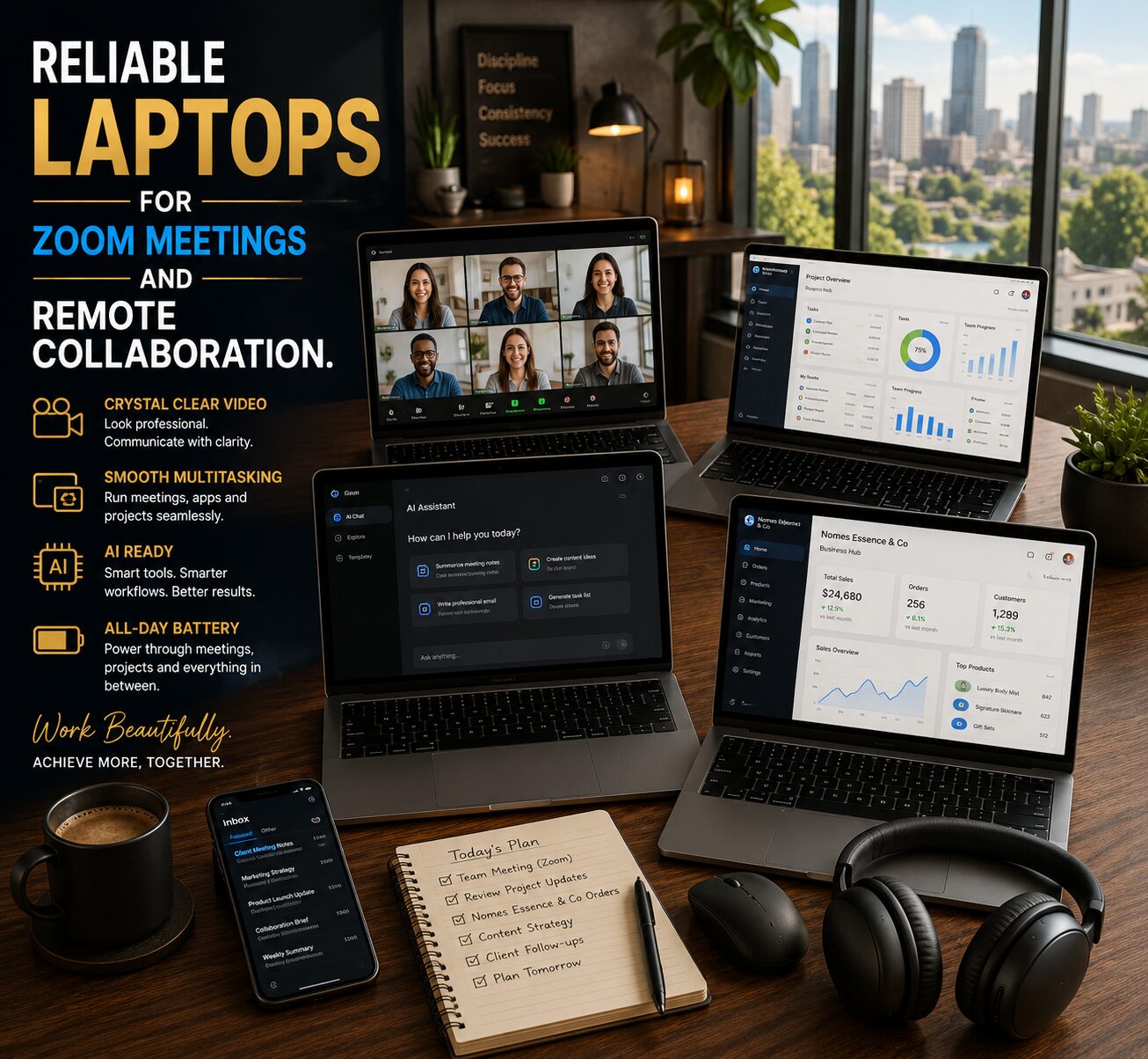 Premium laptop running Zoom meetings smoothly on a modern remote work setup with productivity and collaboration tools.