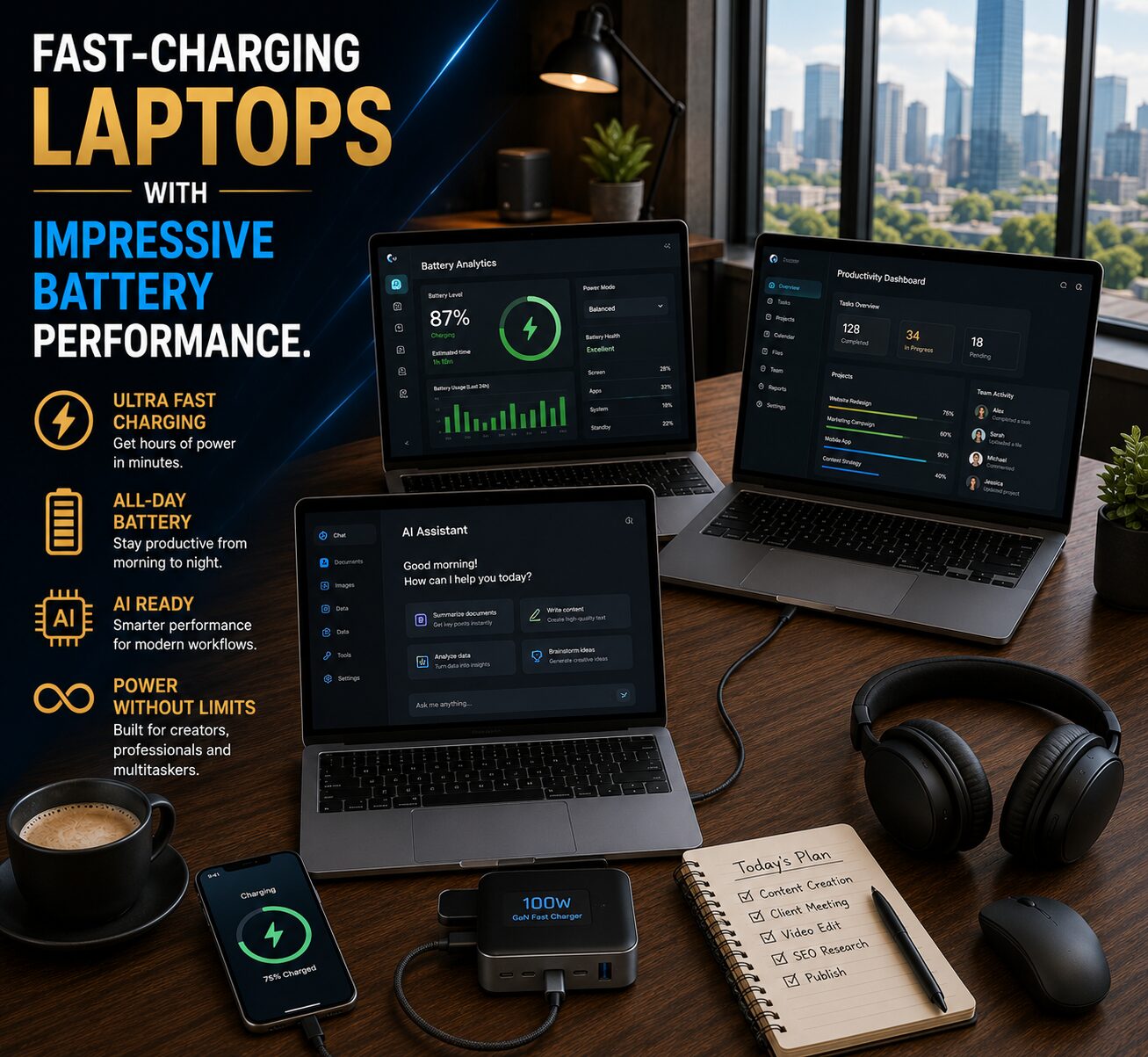 Premium fast-charging laptop on a modern workspace showing battery performance, productivity tools and all-day power capabilities.
