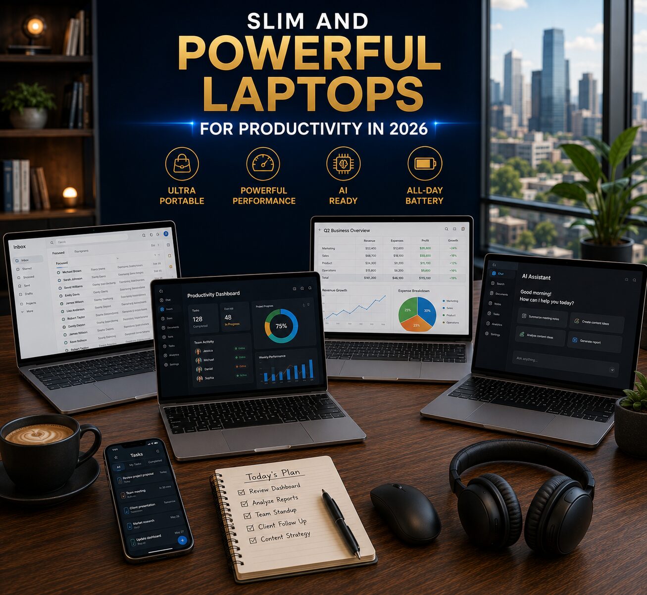 Premium slim laptop workspace featuring productivity tools, multitasking applications, AI assistants and modern professional workflows.
