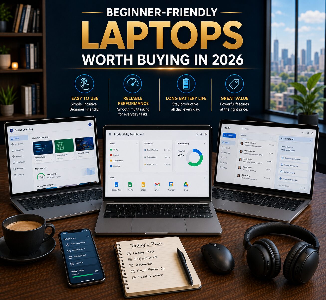 Modern beginner-friendly laptop setup featuring productivity software, everyday applications, reliable performance and easy-to-use technology.