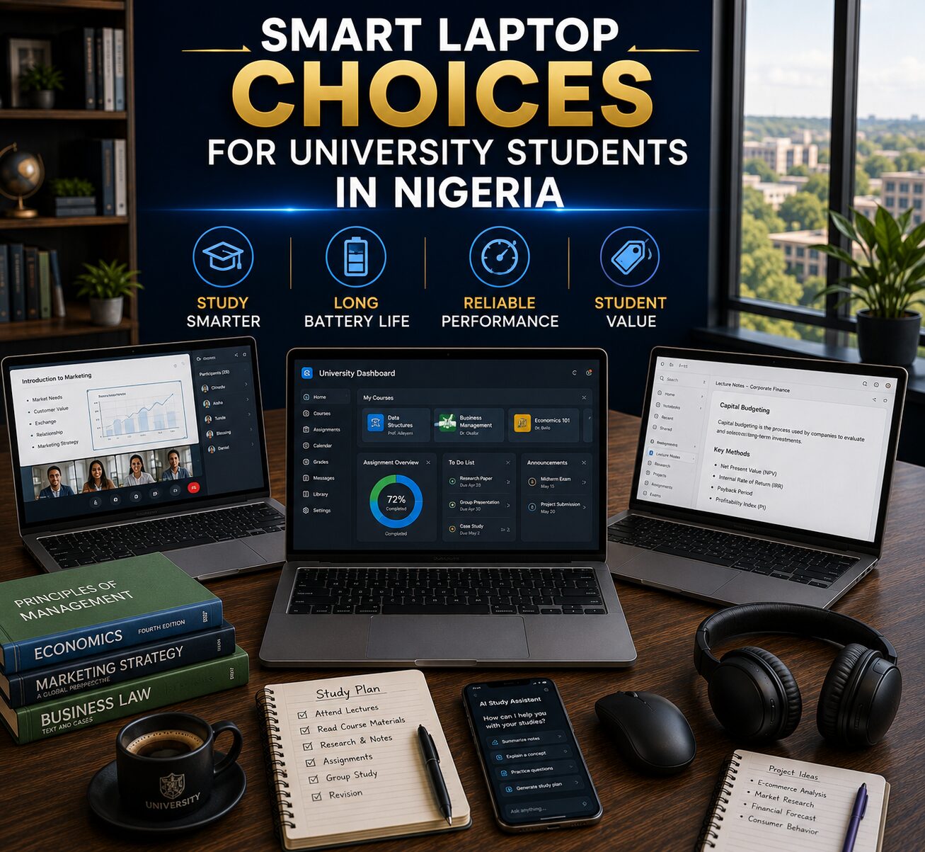 Modern student laptop workspace featuring online learning tools, productivity software, research applications and academic study resources.