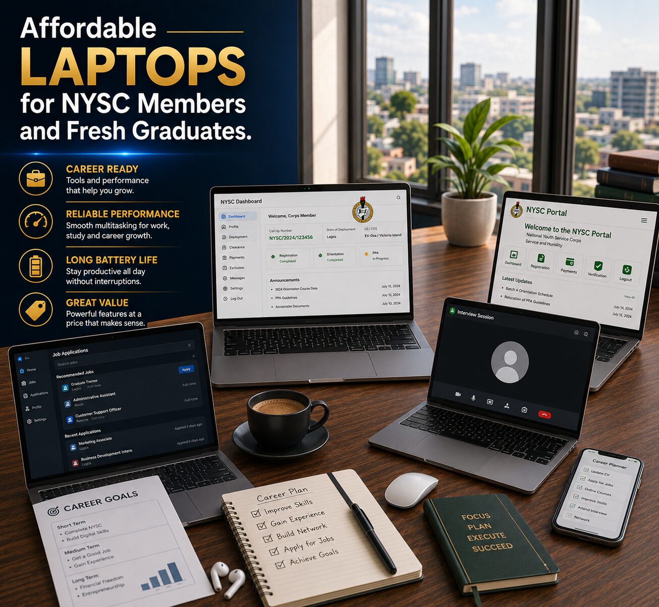 Affordable laptop setup for NYSC members featuring productivity tools, job applications, online learning and professional development resources.