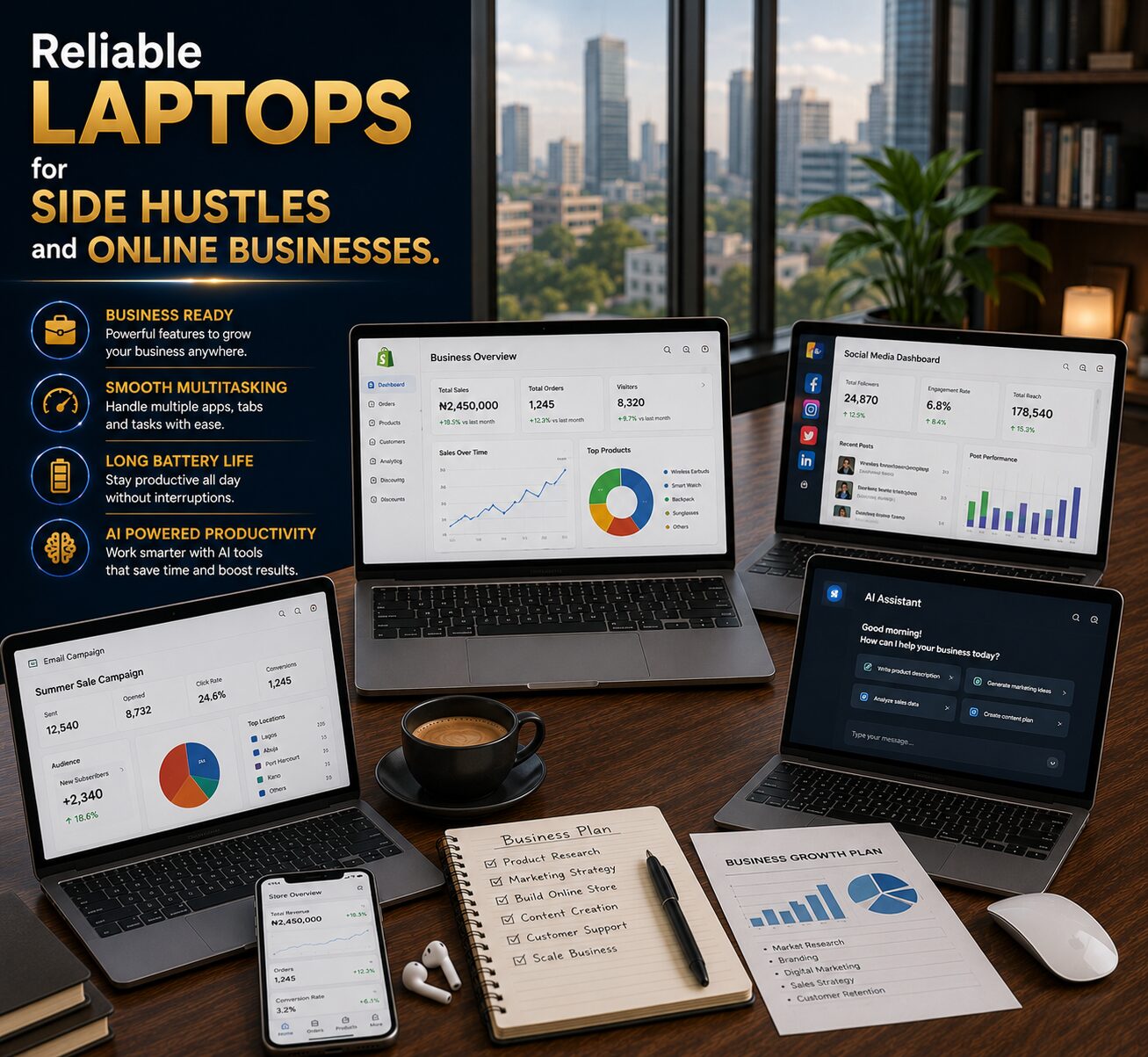 Professional virtual assistant workspace featuring productivity laptops, client management tools, AI assistants and remote work applications.