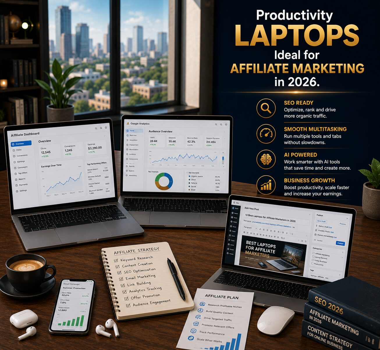 Productivity Laptops Ideal for Affiliate Marketing in 2026 Professional affiliate marketing workspace featuring productivity laptops, analytics dashboards, content creation tools and business applications.