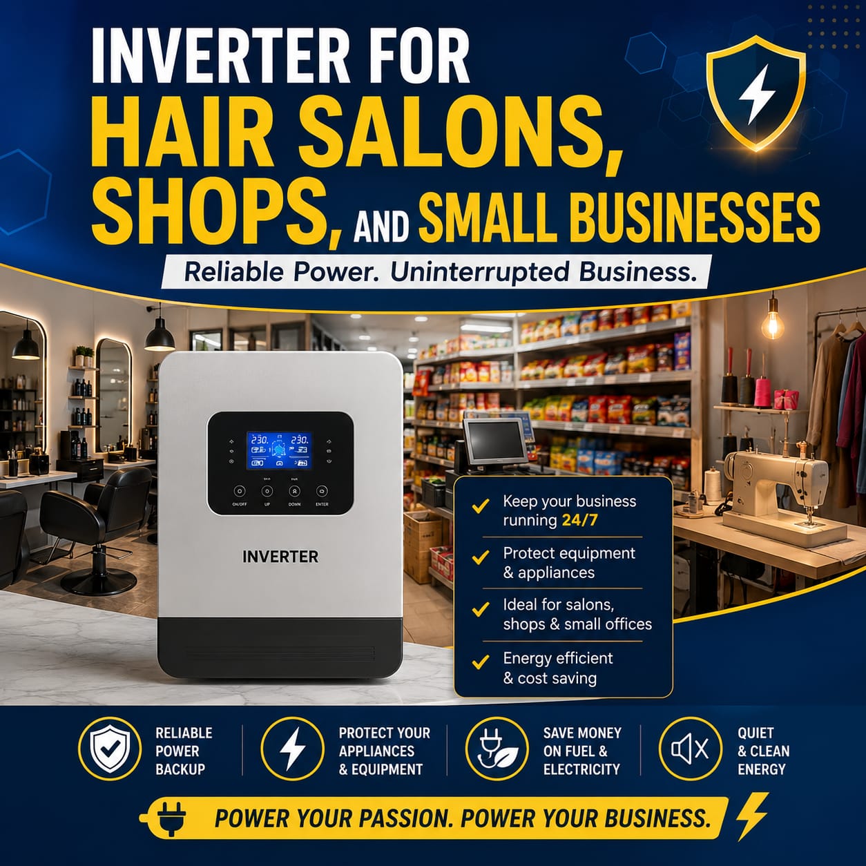 Inverter for hair salons, shops and small businesses providing reliable backup power during electricity outages.