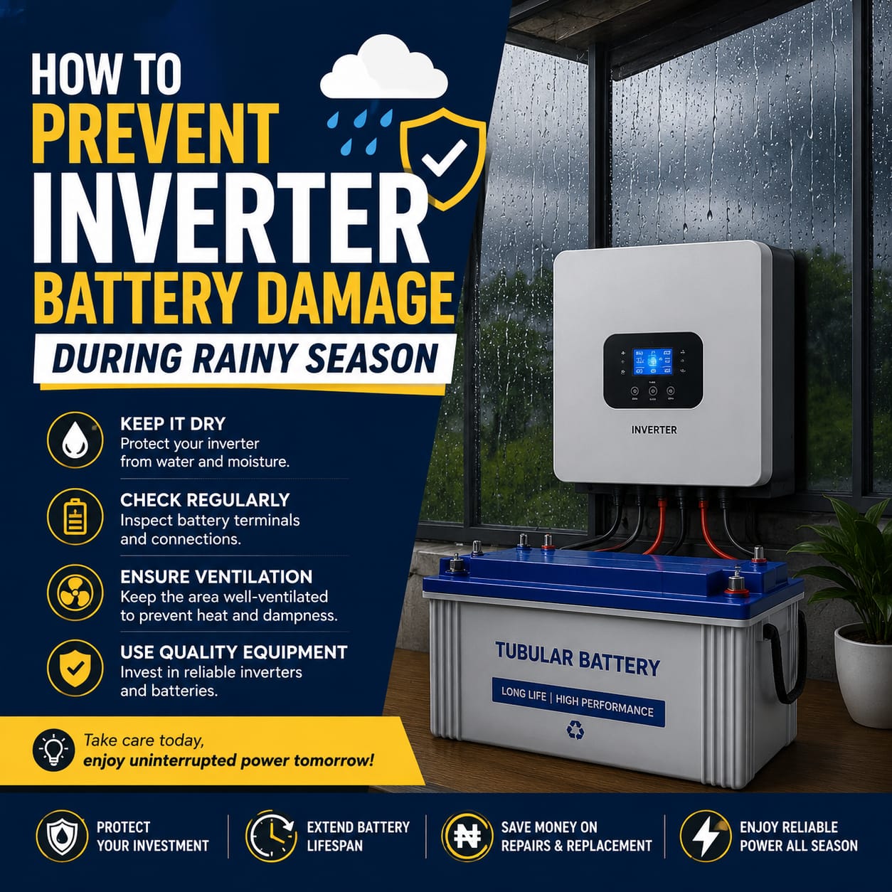 How to prevent inverter battery damage during rainy season with proper maintenance and storage.