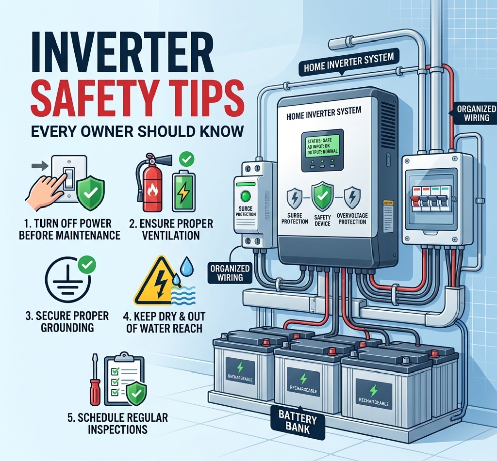 Home inverter system with surge protection and organized wiring.