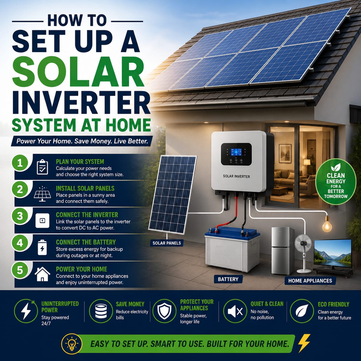 How to set up a solar inverter system at home with solar panels batteries and inverter installation.