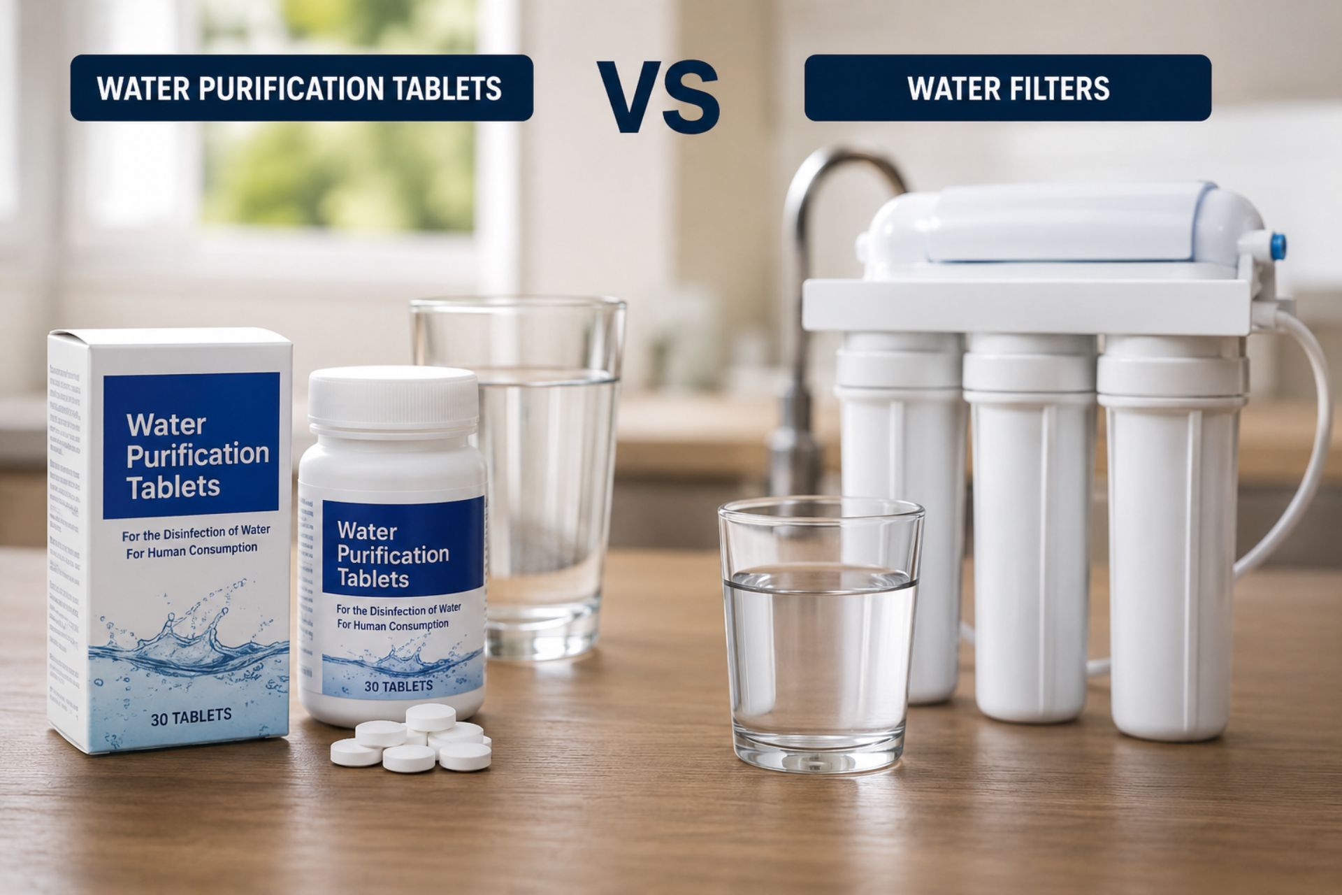 Water filter versus tablets comparison for clean drinking water