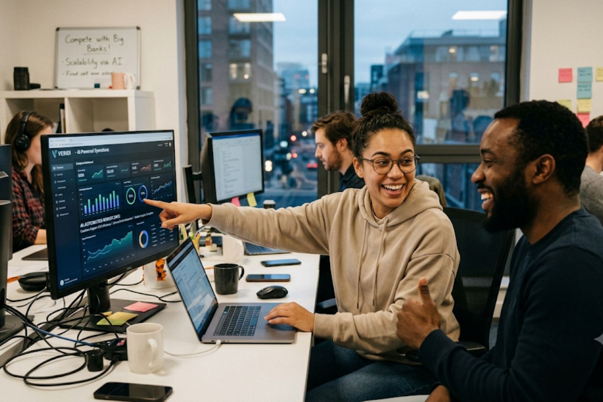 A Nigerian tech startup team working late on laptops in a modern office environment