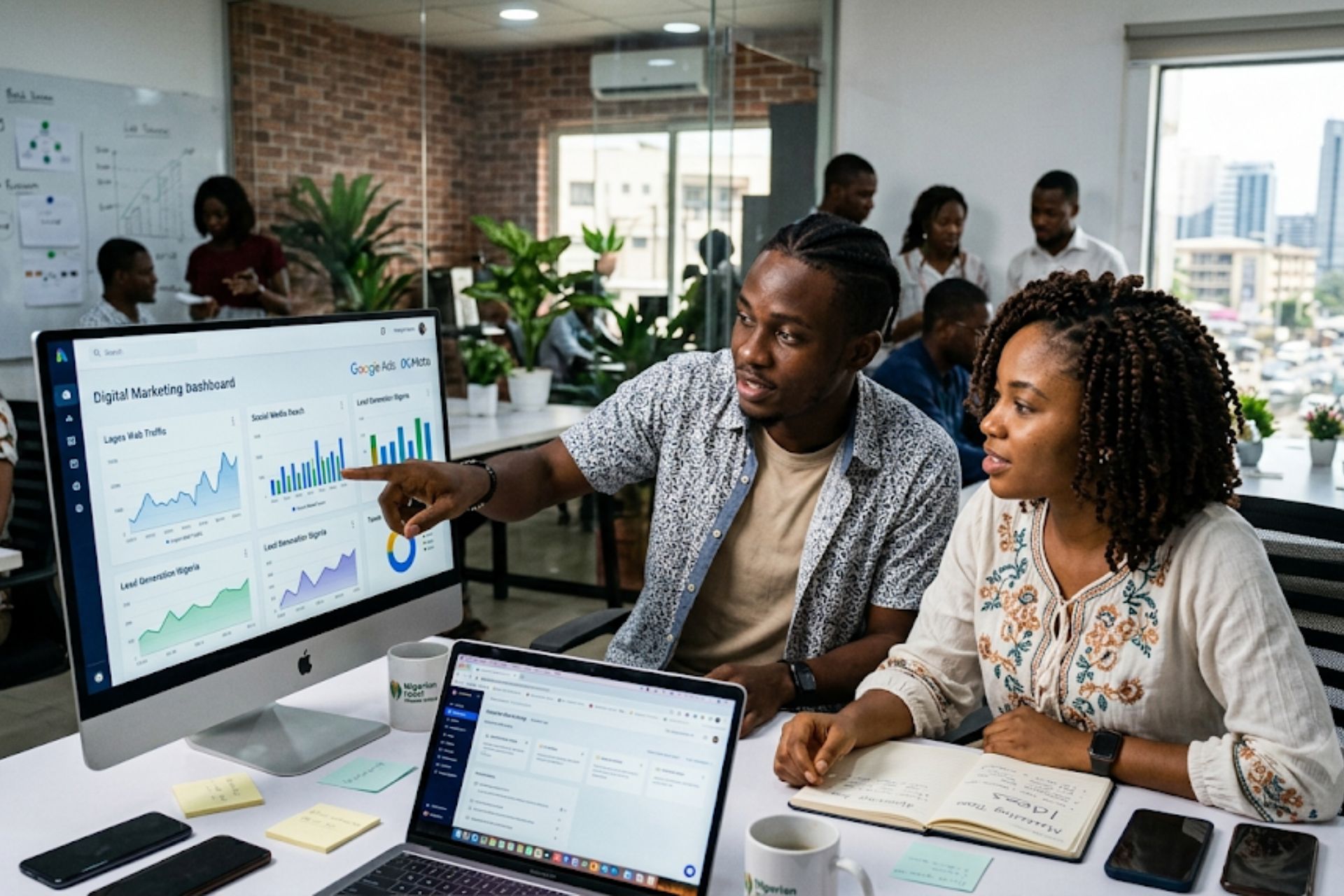 Nigerian tech startup team planning digital marketing strategies on a whiteboard in a modern office