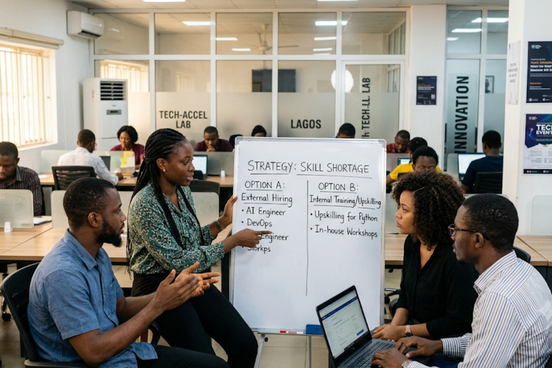 Startup founders discussing hiring strategies in a modern tech office environment