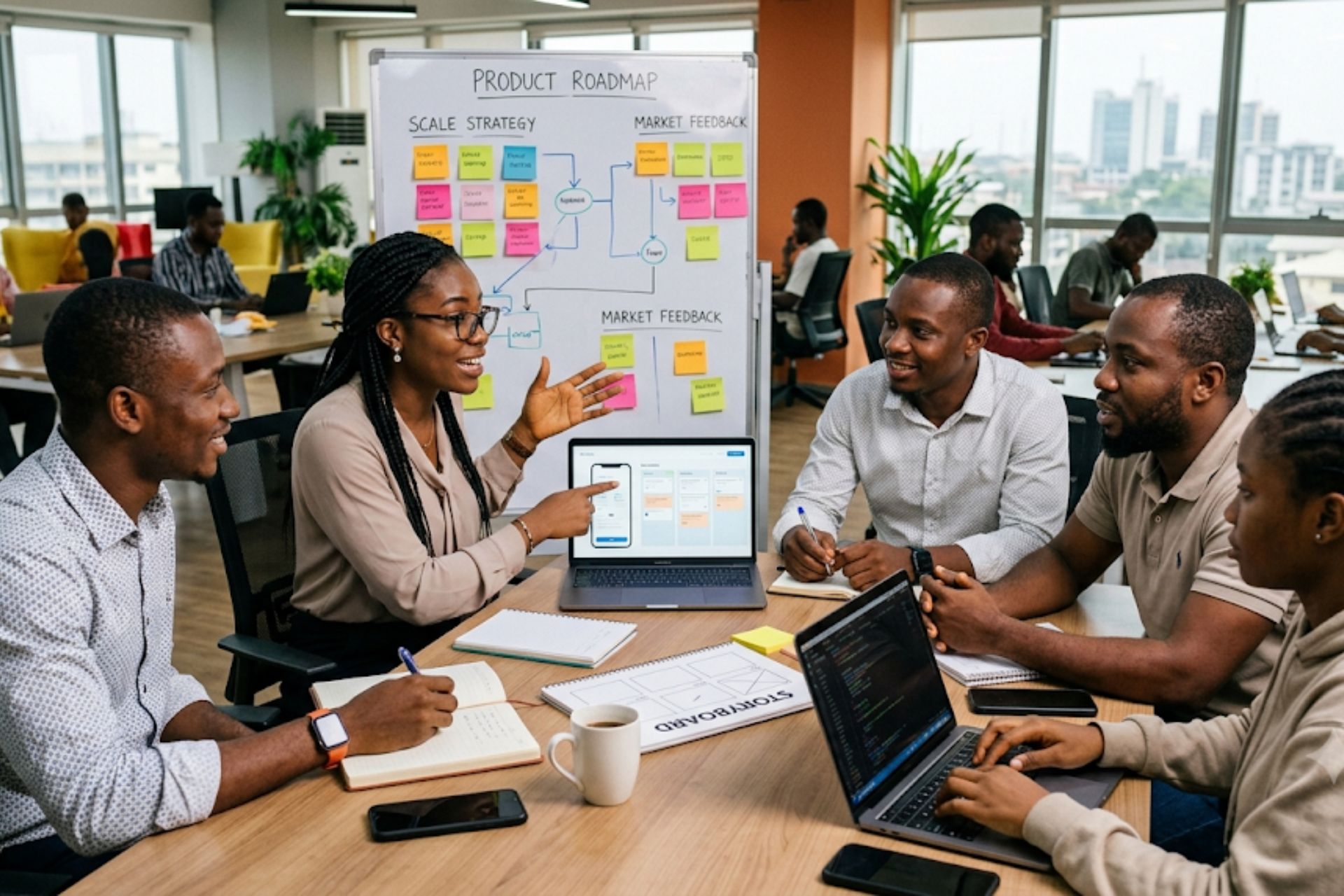 Non-technical startup founder presenting a tech business idea to a development team.