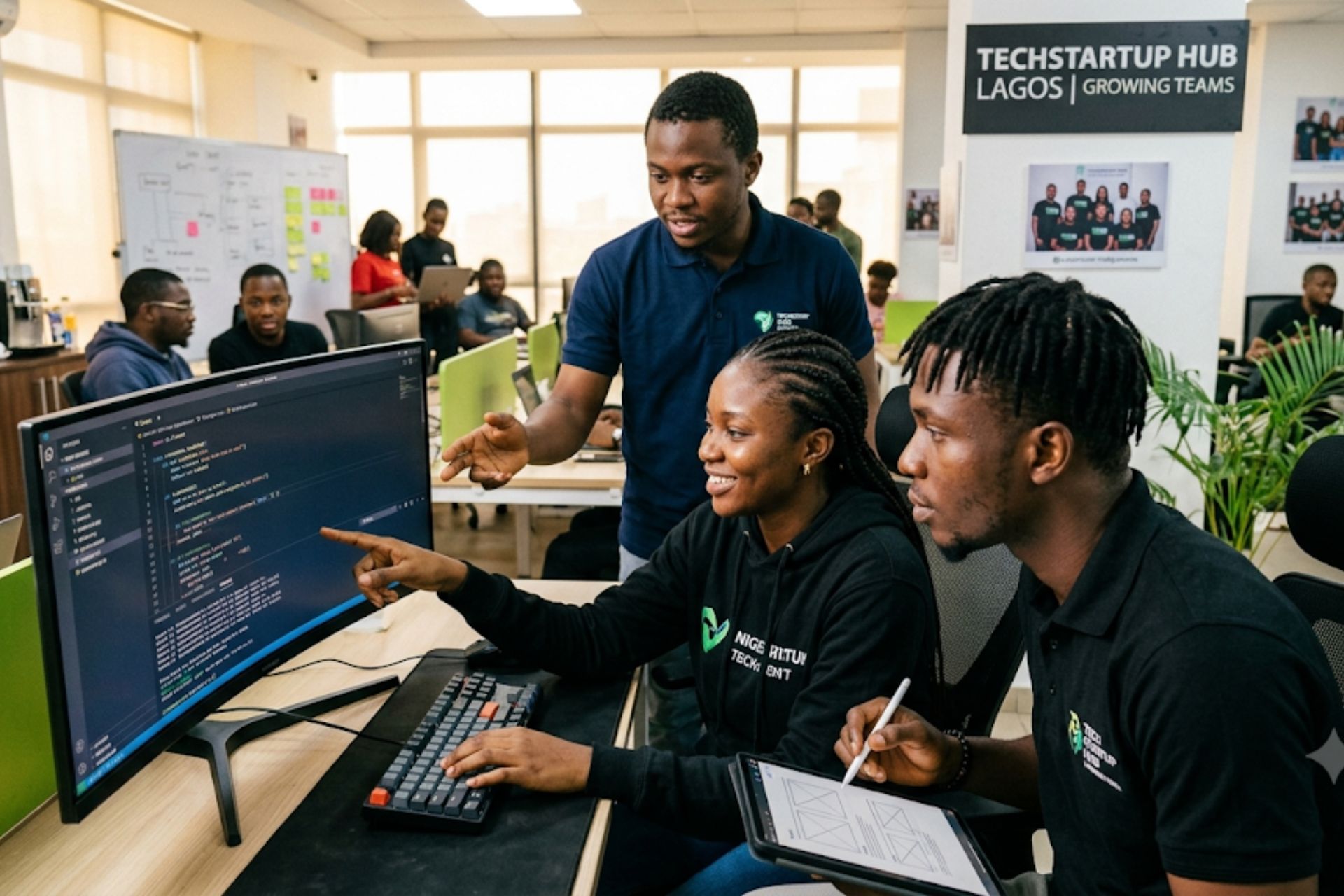 A Nigerian tech startup team collaborating on software development in a modern office space
