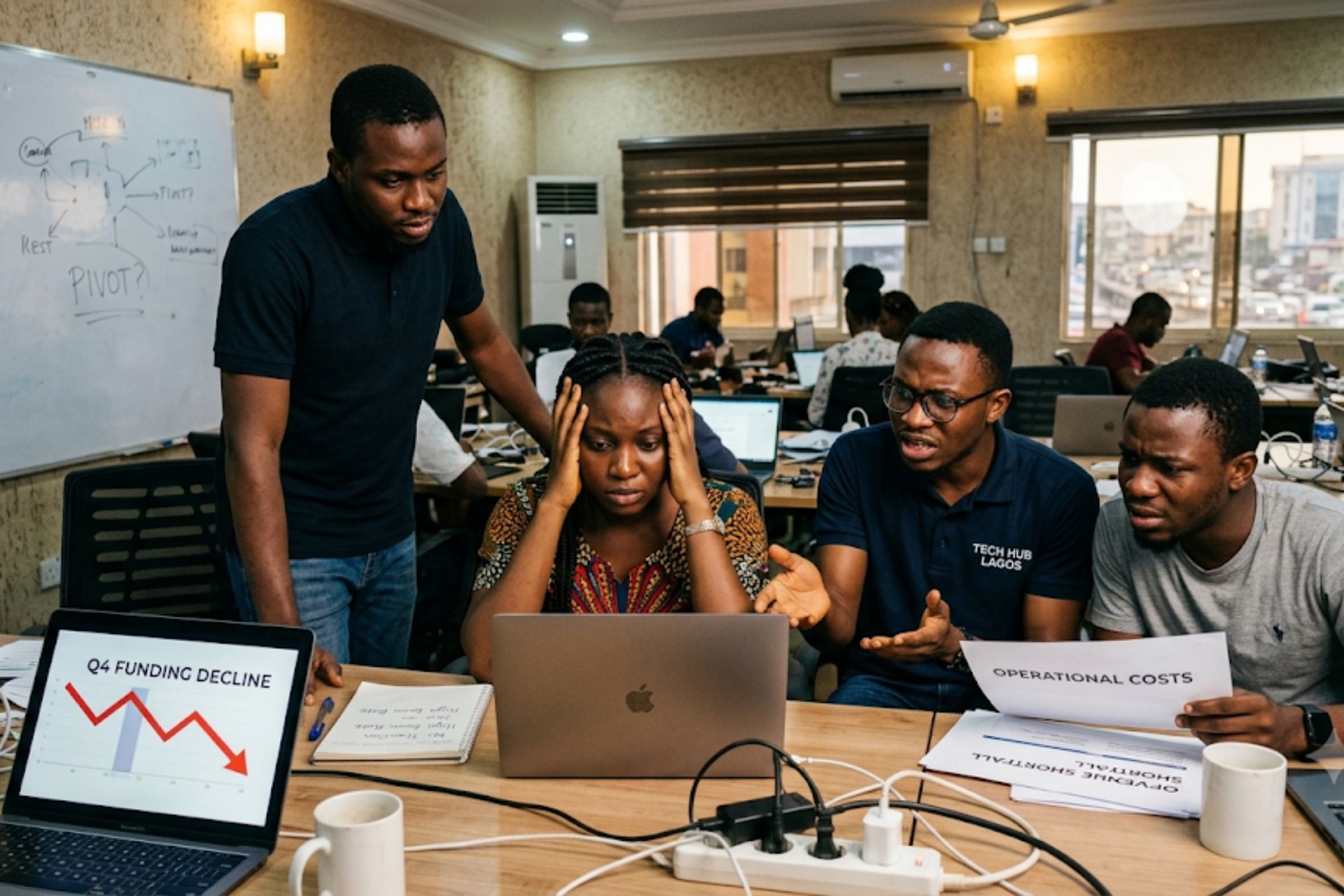 Startup team analyzing charts showing growth barriers affecting Nigerian technology companies.