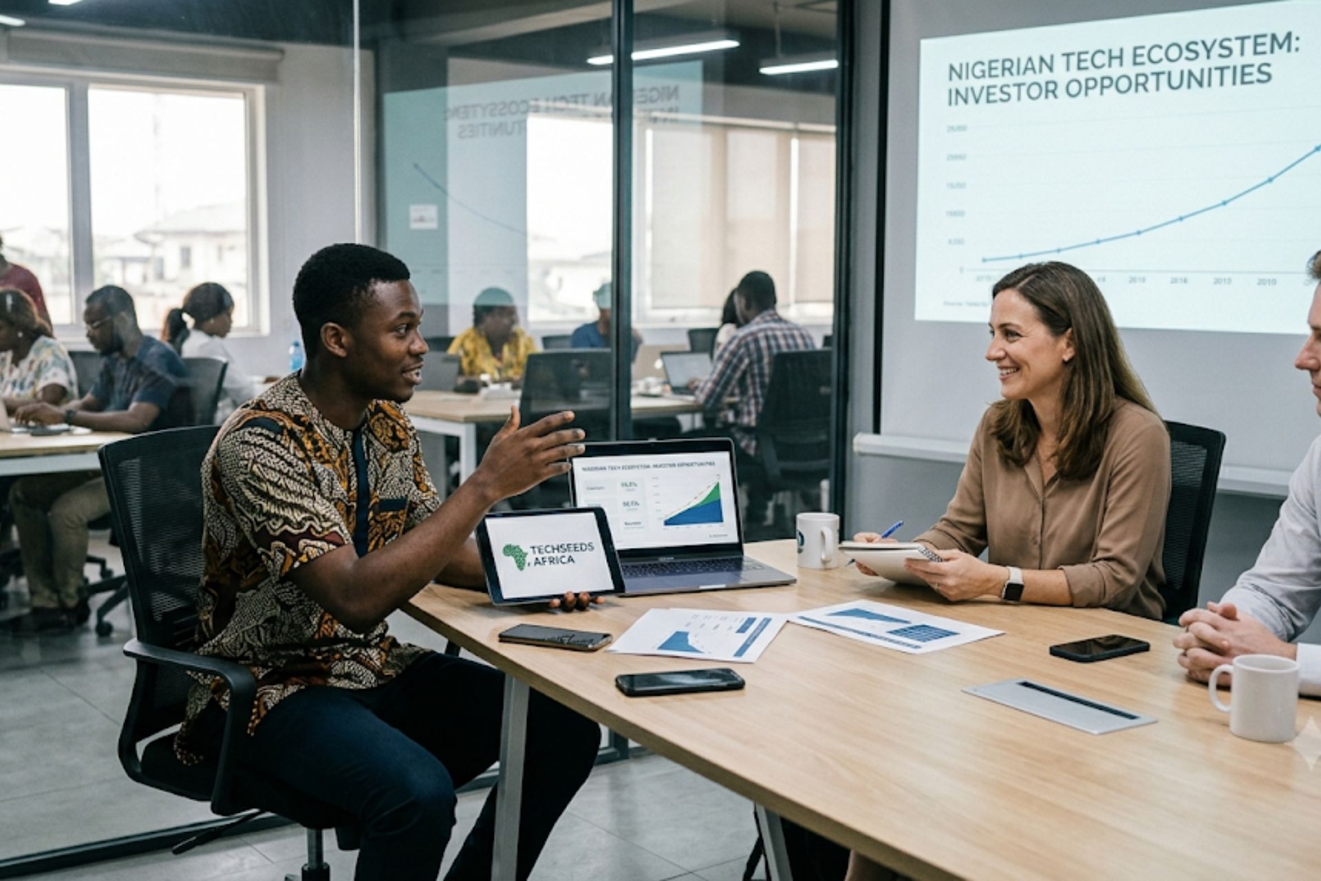 Nigerian tech startup founders presenting a business pitch to investors.
