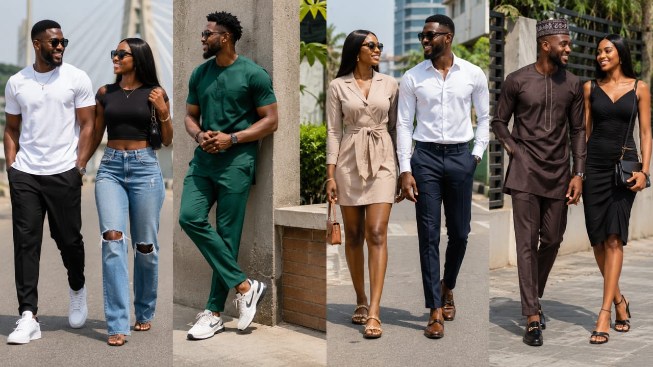 Stylish Nigerian men and women wearing comfortable shoes suitable for Nigeria's weather conditions