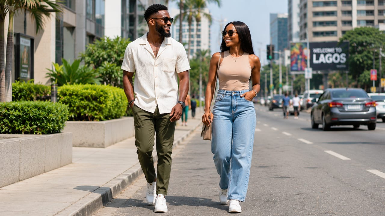 Stylish Nigerian man and woman wearing affordable fashionable outfits in a modern urban setting