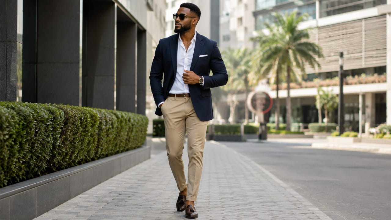 Stylish Nigerian gentleman wearing timeless wardrobe essentials in a modern urban setting Lagos Nigeria