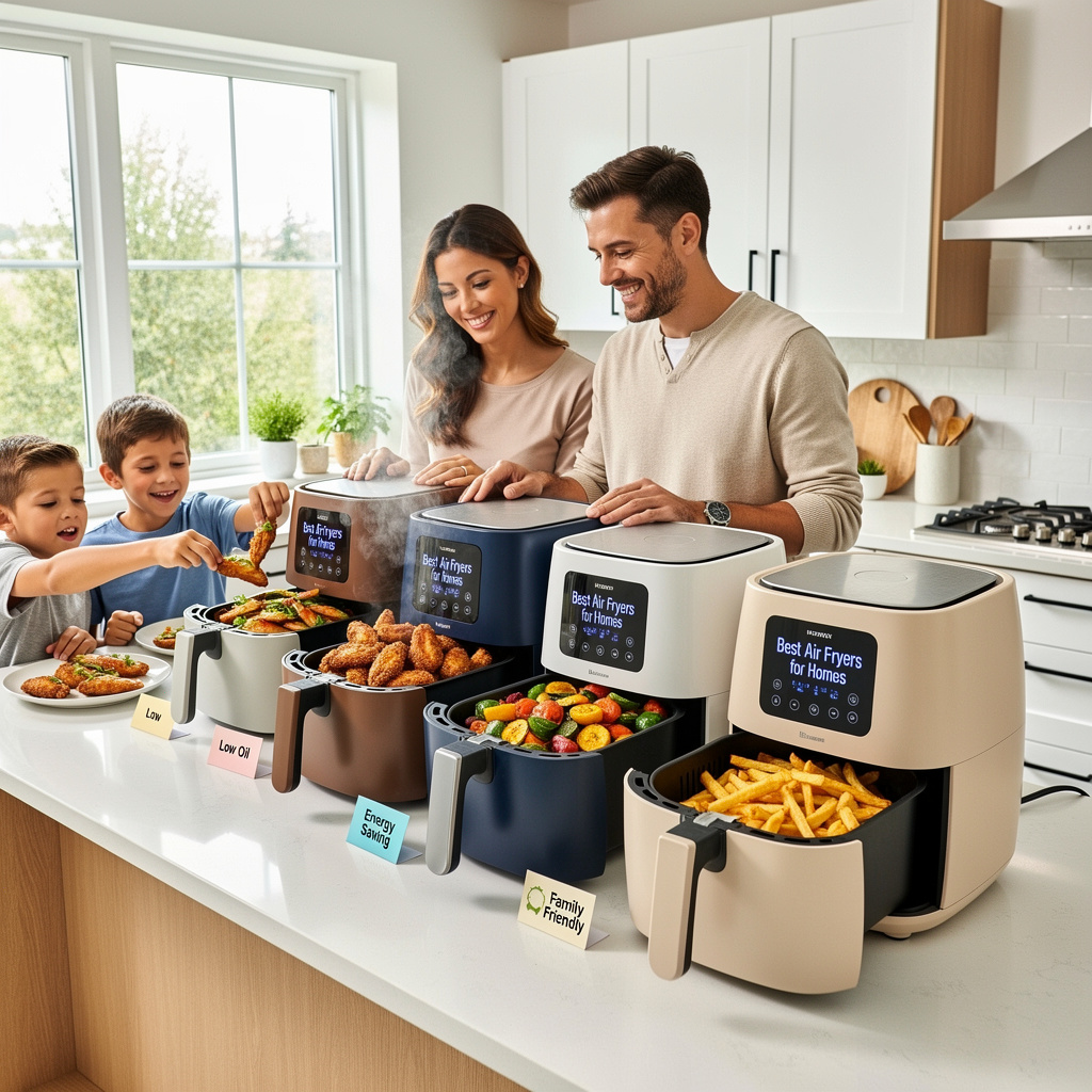 Best Air Fryers for Homes: Affordable and Energy Efficient displayed in a modern family kitchen preparing crispy chicken, vegetables, and fries using little or no oil.