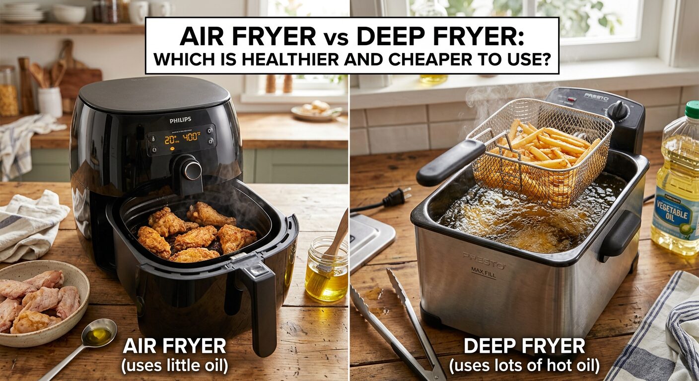 Air Fryer vs Deep Fryer: Which Is Healthier and Cheaper to Use? Air Fryer vs Deep Fryer: Which Is Healthier and Cheaper to Use? showing an air fryer preparing crispy chicken with little oil beside a traditional deep fryer cooking fries in hot oil.