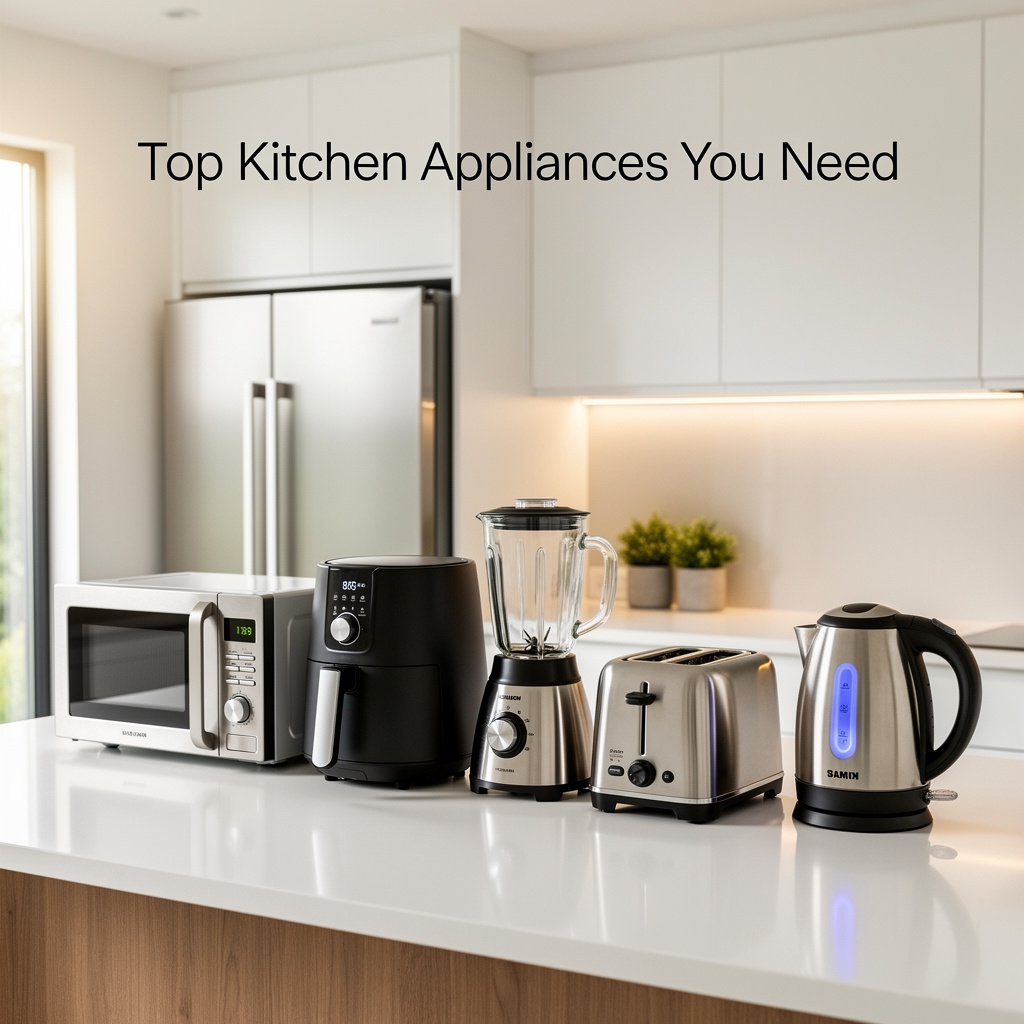 Top Kitchen Appliances You Need: Microwave, Air Fryer, and More Top Kitchen Appliances You Need: Microwave, Air Fryer, and More displayed in a stylish modern kitchen featuring a microwave, air fryer, refrigerator, blender, toaster, and electric kettle.