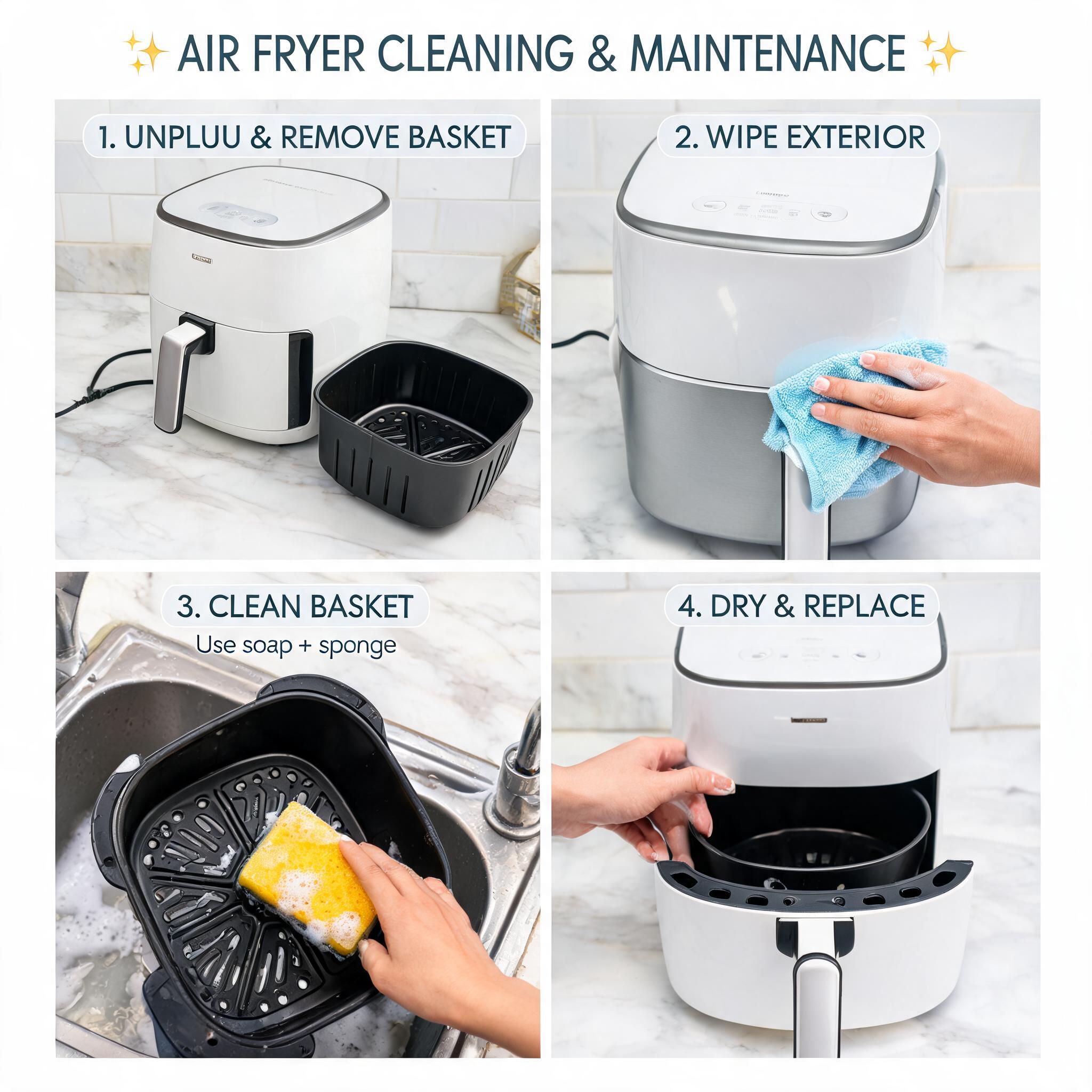 How to Clean and Maintain Your Air Fryer for Long-Lasting Use How to Clean and Maintain Your Air Fryer for Long-Lasting Use showing a clean modern air fryer with removable basket, soft cleaning cloth, sponge, and kitchen countertop.