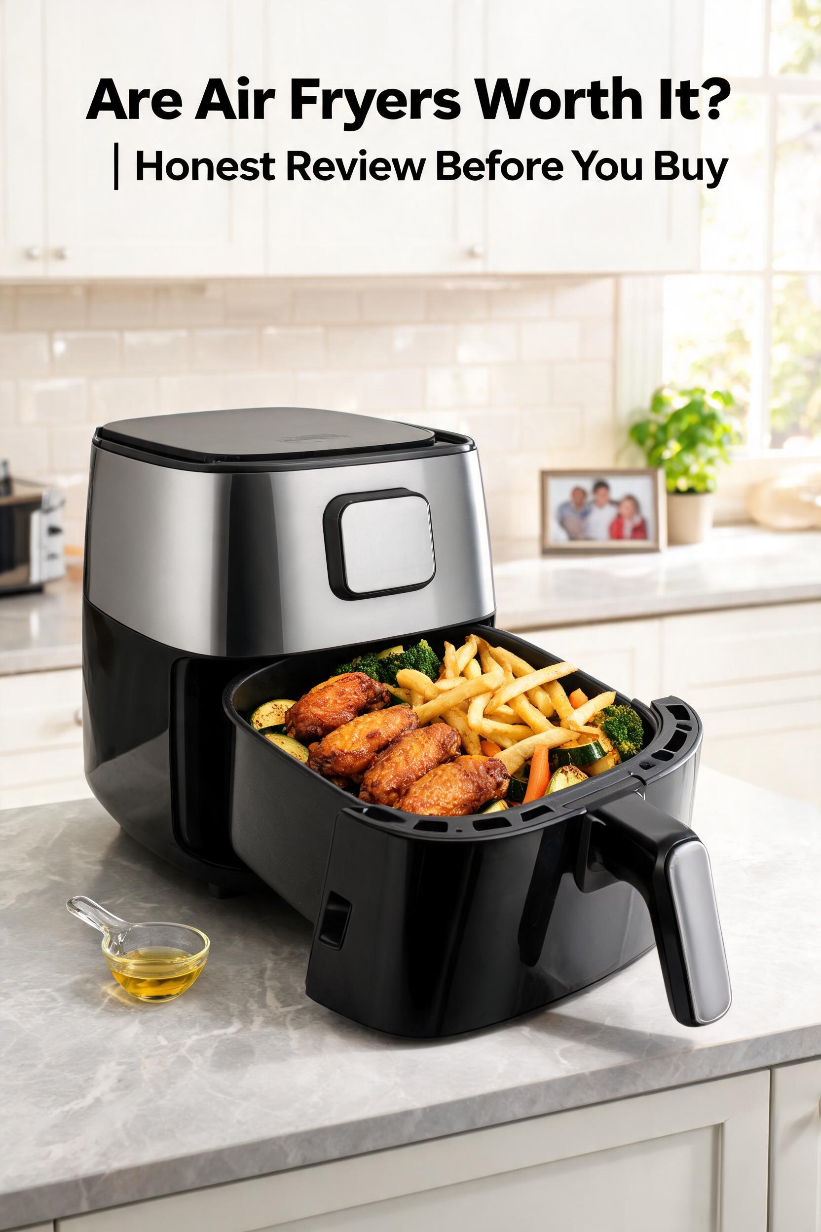 Are Air Fryers Worth It? Honest Review Before You Buy Are Air Fryers Worth It? Honest Review Before You Buy showing a modern air fryer cooking crispy chicken, fries, and vegetables in a stylish family kitchen with little oil.