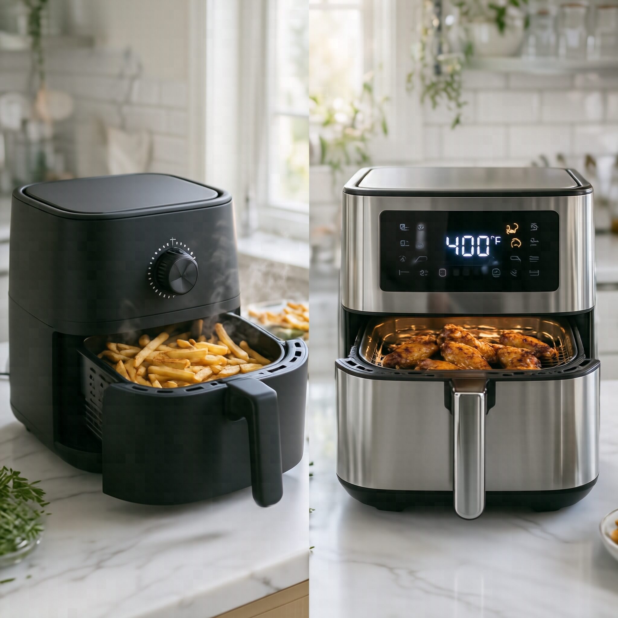 Cheap vs Expensive Air Fryers showing an affordable manual air fryer beside a premium digital air fryer with crispy cooked meals in a modern kitchen.