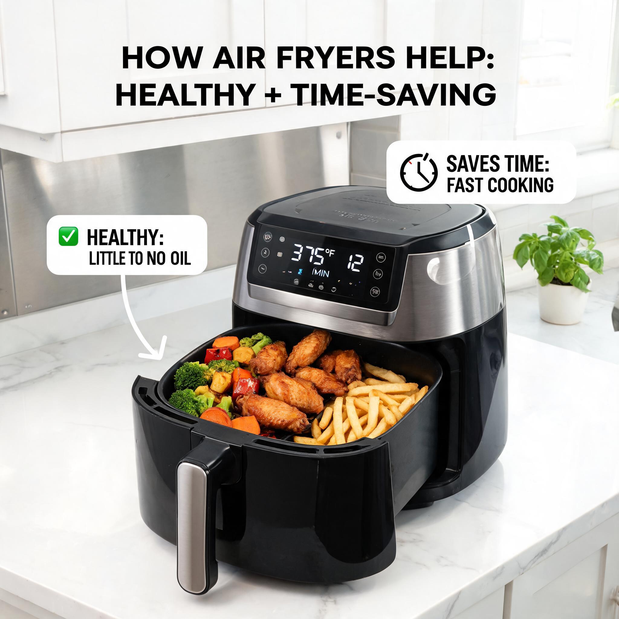 How Air Fryers Help You Cook Healthier Meals While Saving Time featuring a modern digital air fryer preparing crispy chicken, vegetables, and fries with little oil in a contemporary kitchen.