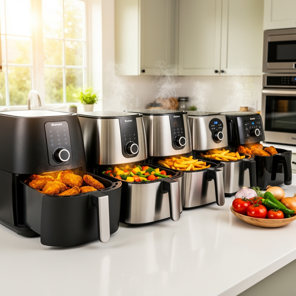 Best Air Fryers in Nigeria for Healthy Cooking Without Oil displayed in a modern kitchen preparing crispy chicken, vegetables, and fries with little oil.