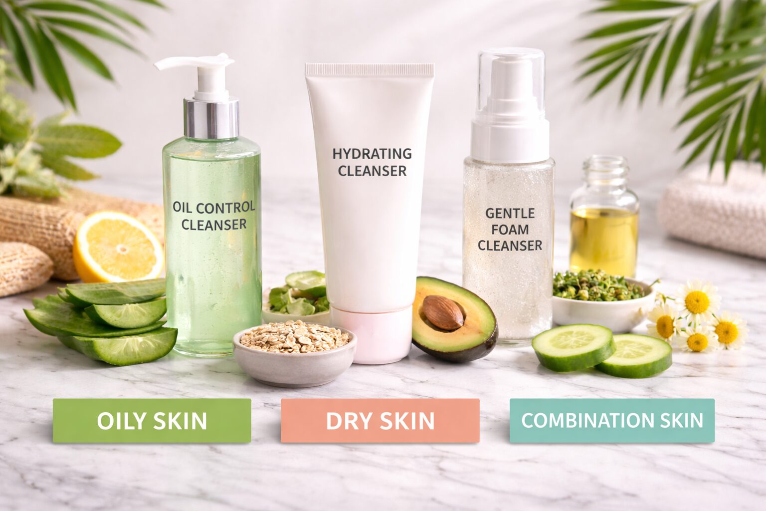 Best Facial Cleansers for Oily, Dry, and Combination Skin in Nigeria Various facial cleansers for oily dry and combination skin displayed neatly on a beauty table Lagos Nigeria