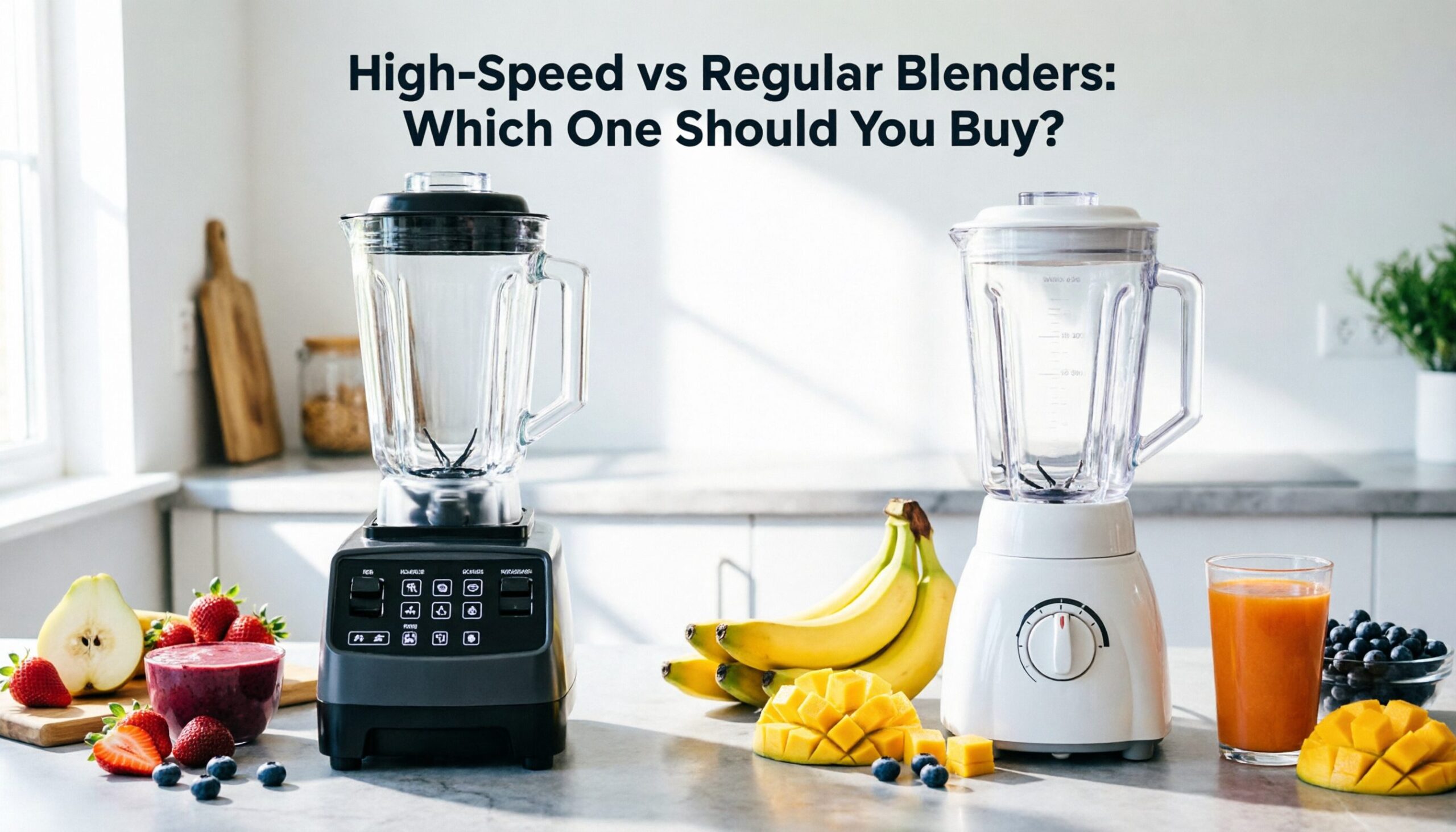 High-Speed vs Regular Blenders: Which One Should You Buy? High-Speed vs Regular Blenders: Which One Should You Buy? comparison showing a high-speed blender beside a regular kitchen blender with fresh fruits and smoothies.