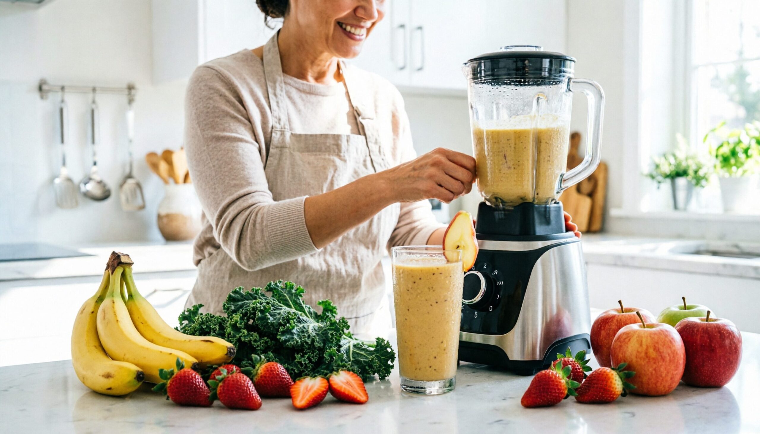 Best Blenders to own for Smoothies in homes displayed with fresh fruits, vegetables, smoothie glasses, and kitchen countertop setup.