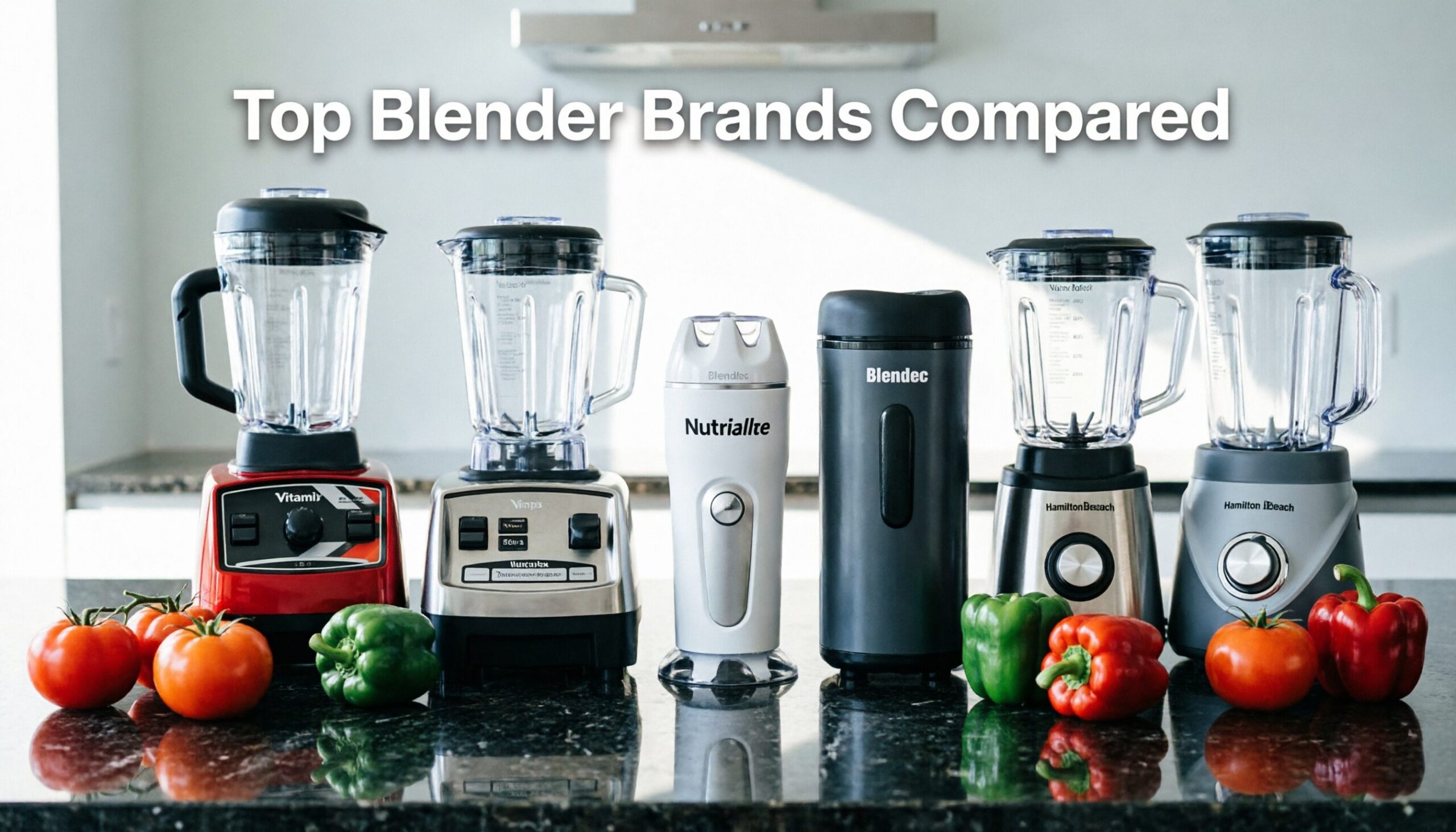 Top Blender Brands Compared featuring Vitamix, Ninja, NutriBullet, Blendtec, Hamilton Beach, and Instant blenders displayed with fresh smoothie ingredients.