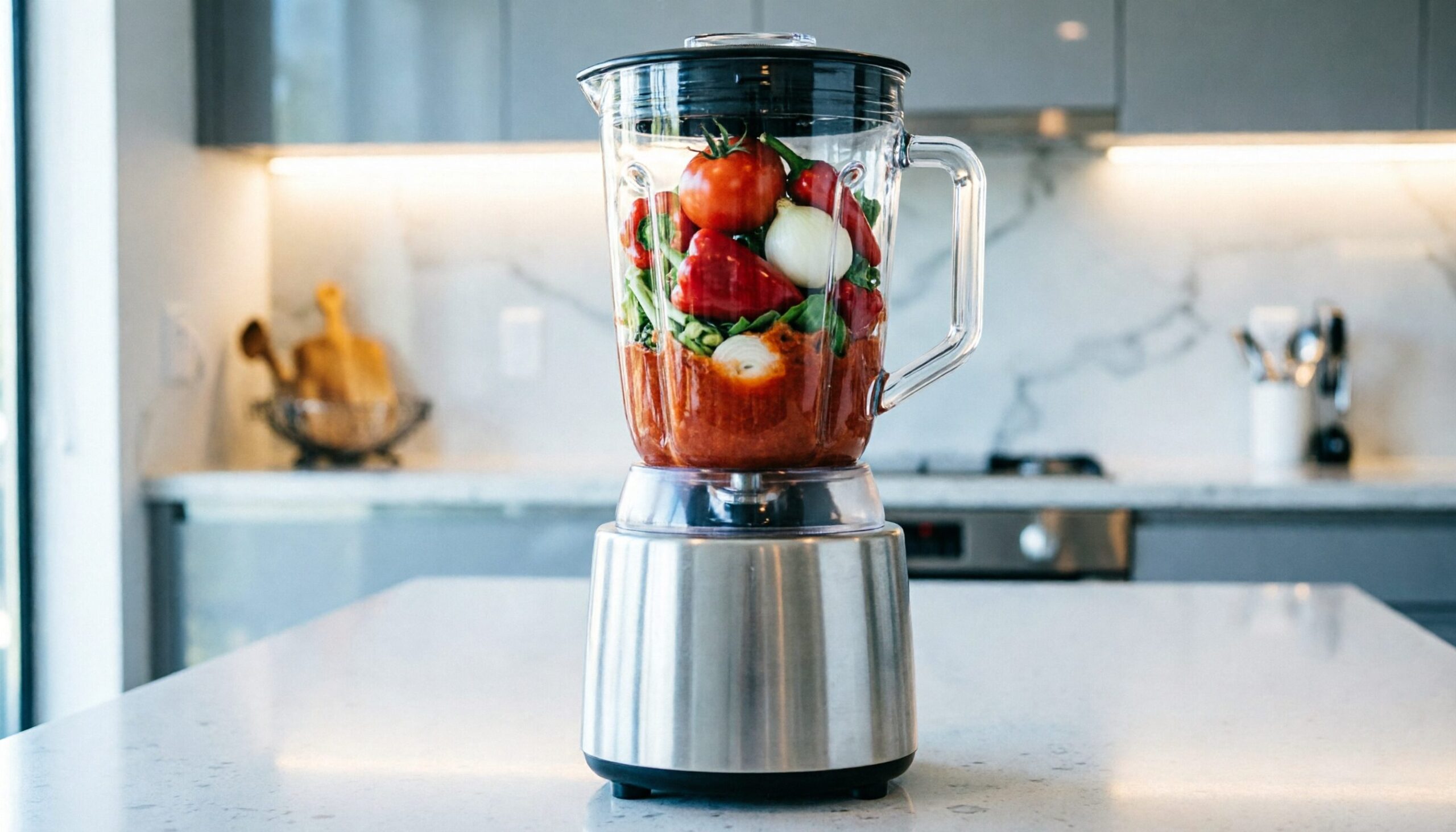 Quality Blenders for Making Pepper and Tomato Paste Quality Blender for Making Pepper and Tomato Paste blending fresh tomatoes, red peppers, onions, and vegetables into a smooth paste in a modern kitchen.