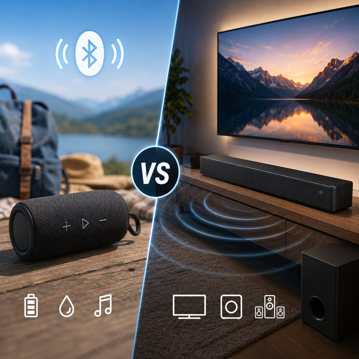 Bluetooth speakers vs soundbars setup in a modern living room showing audio devices for movies, music, and entertainment.